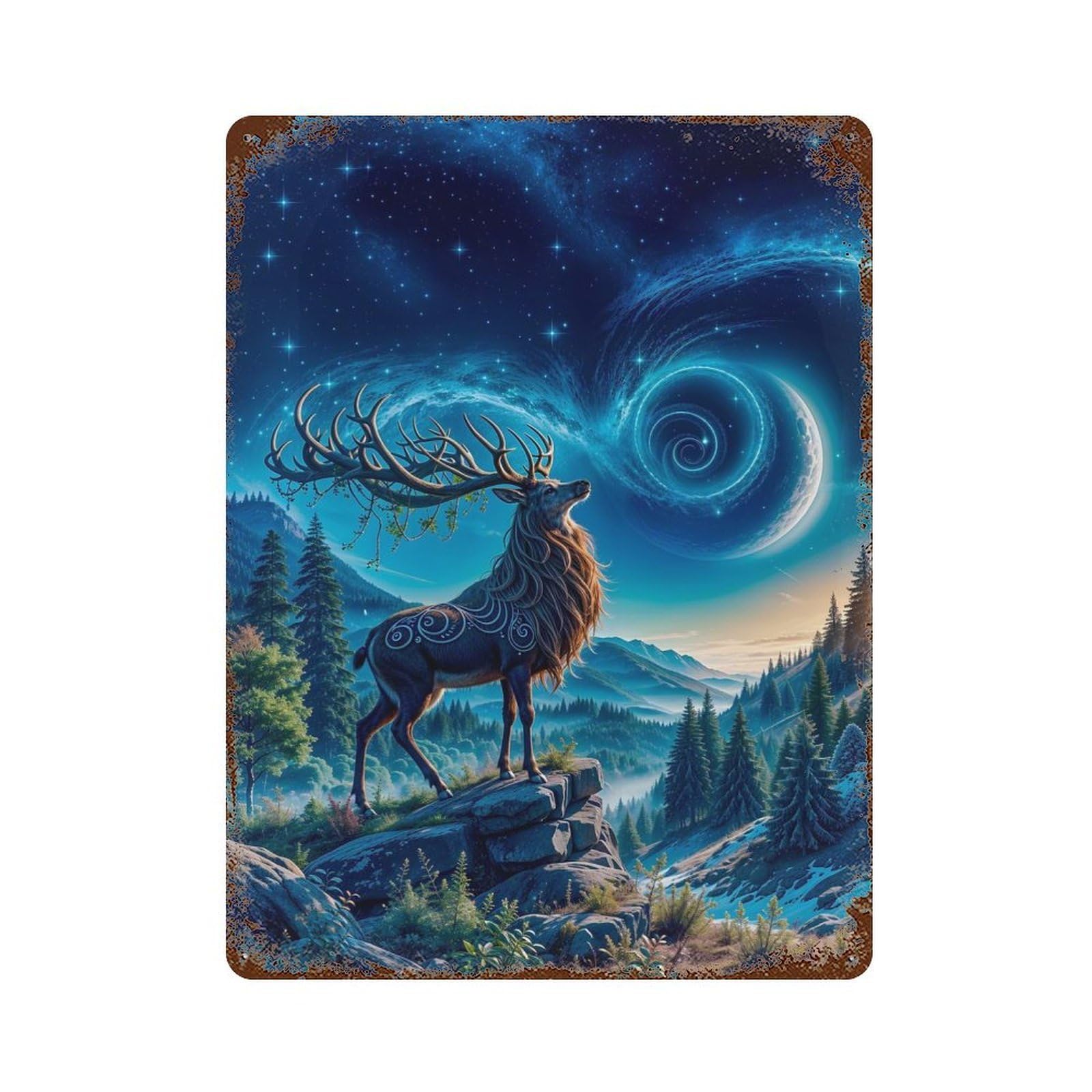 Garage Style Mystical Deer Under Starry Sky Distressed Metal Wall Sign 15.7"x11.8", Novelty Wall Decor for Bar And Workshop