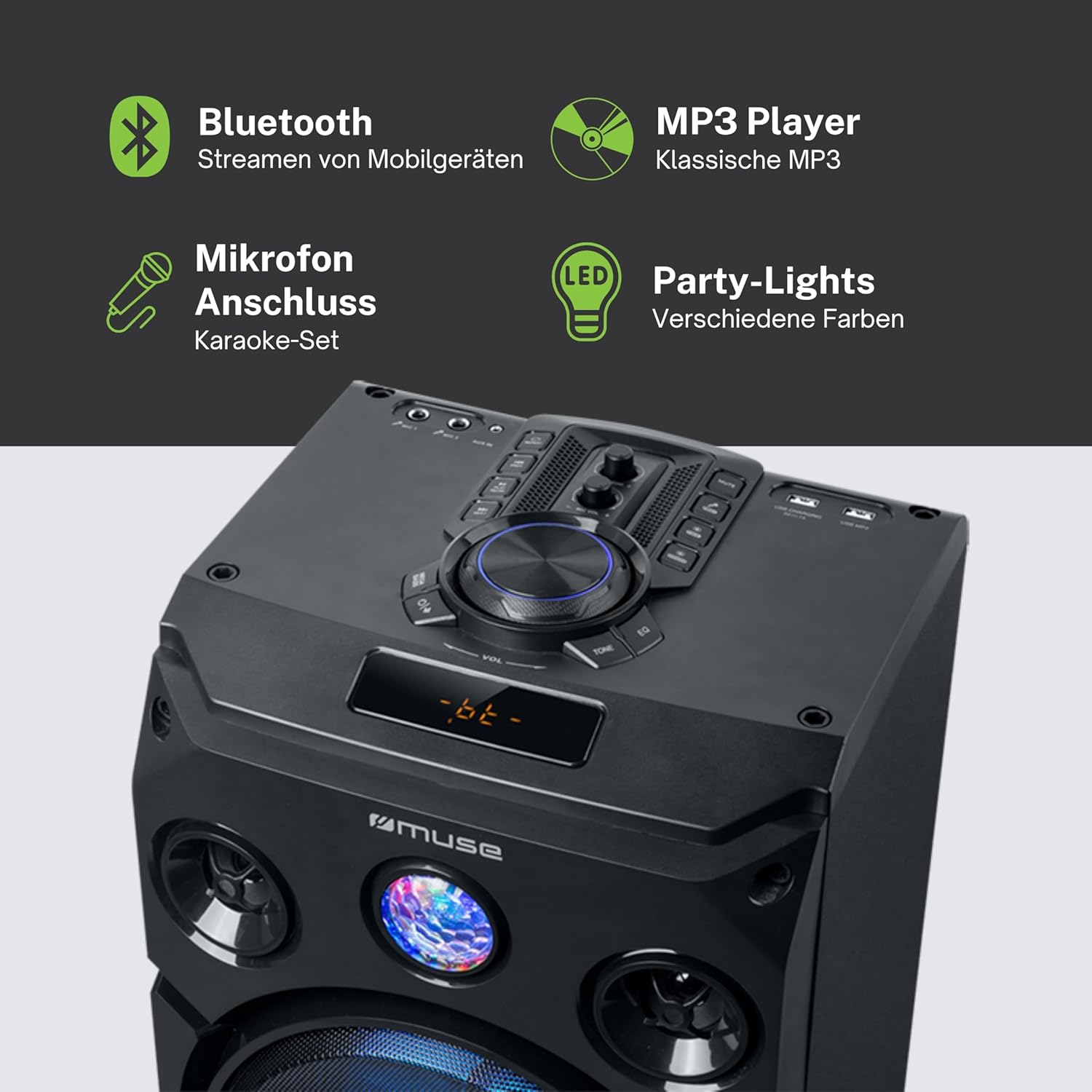 Close-up of the top control panel and front features of the Muse M-1935 DJ speaker, highlighting Bluetooth, MP3 playback via USB, microphone input, and party lights.