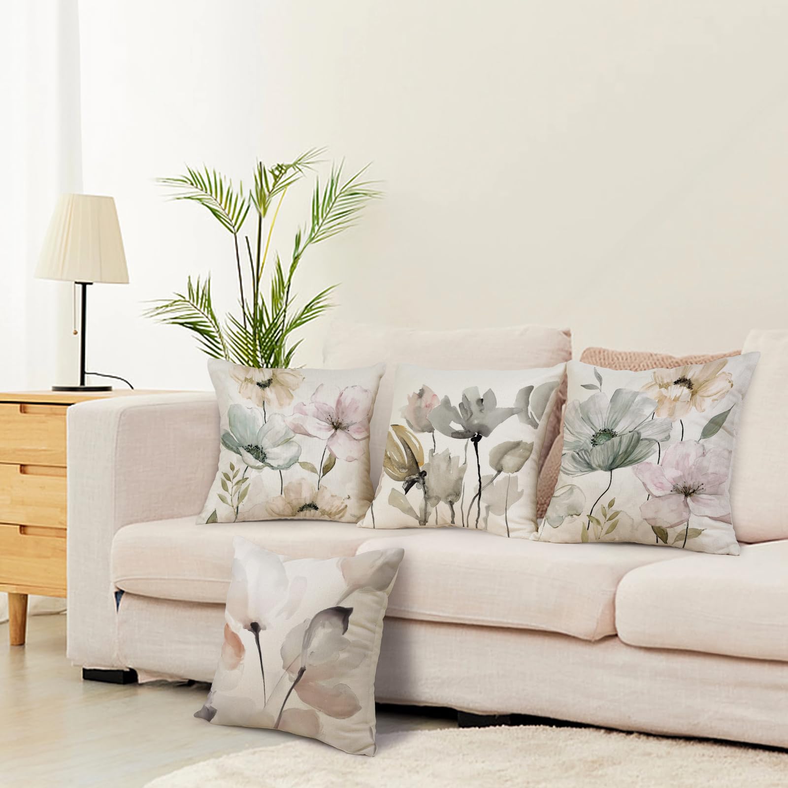 ZWJD Blumen Kissenbezug 40x40 4er Set Outdoor Kissen Dekokissen Leinen Kissenhülle Kissenbezüge Florales Aquarellgemälde Kissenhüllen für Sofa Wohnzimmer Zierkissen 40x40cm