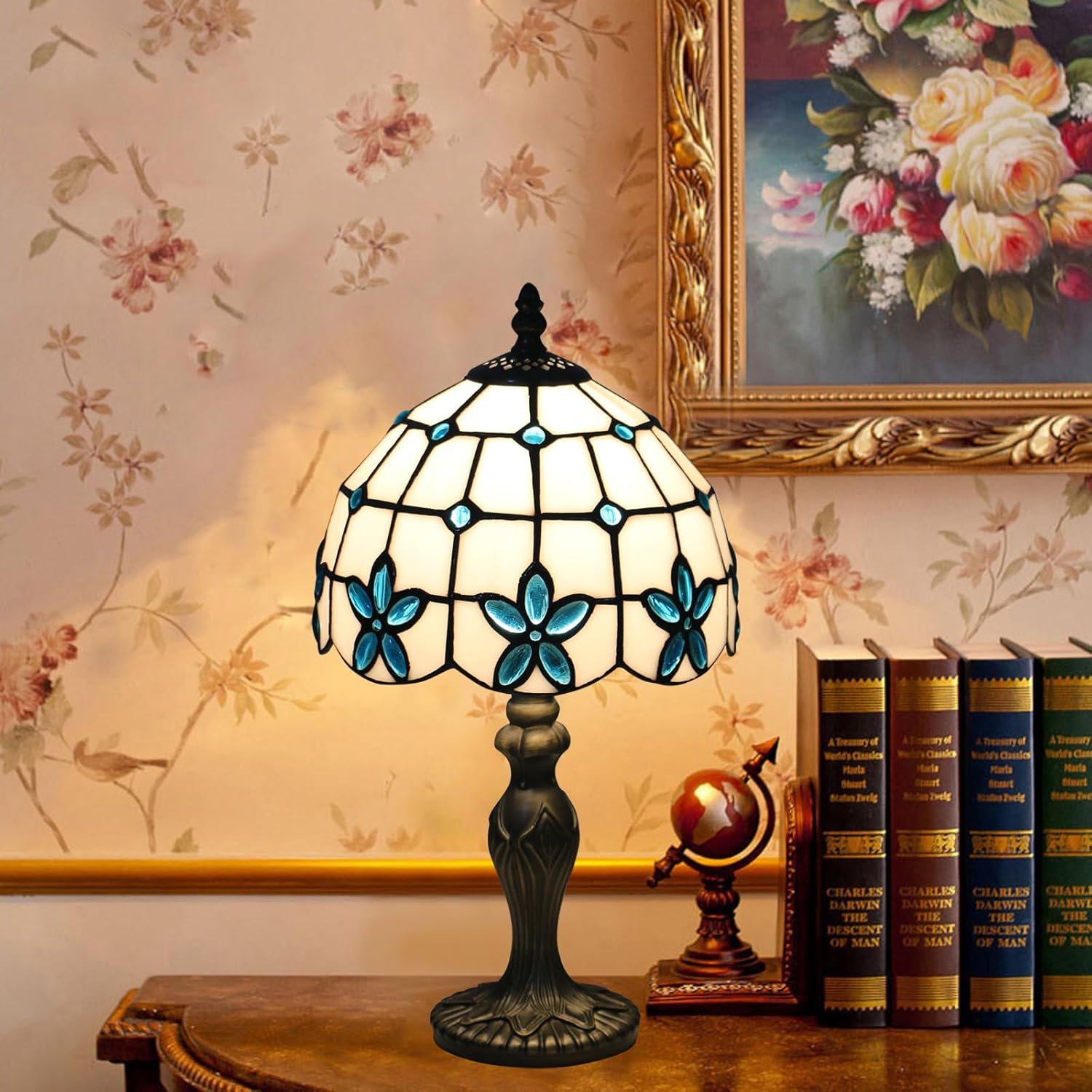 Tiffany Style Table Lamp, 8 Inch Stained Glass Lamp, Small Antique Table Lamp, Bedside Nightstand Lamp for Bedroom,Living Room Home Office, Blue Flower Pattern, Include LED Bulb
