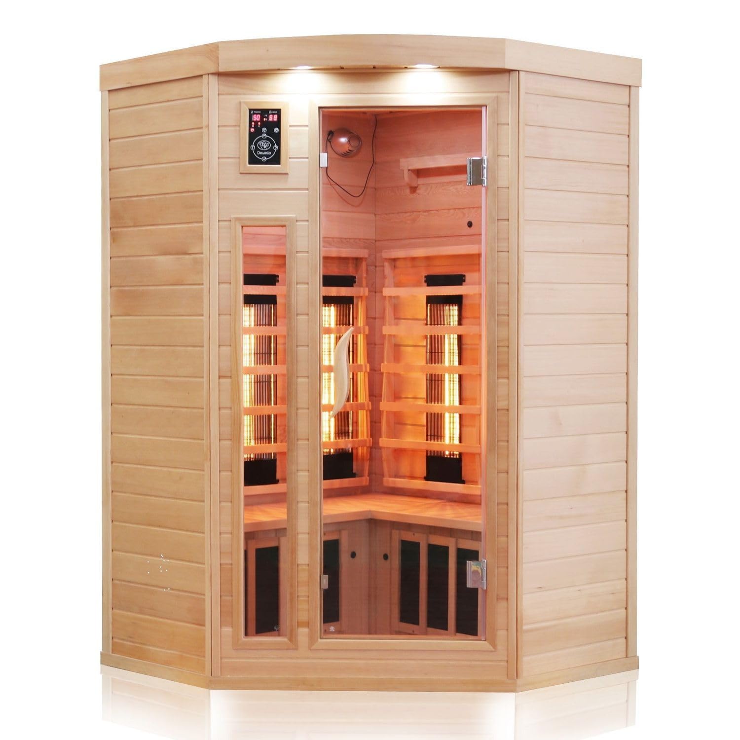 Dewello® Infrarotkabine Infrarotsauna LAKEFIELD 140cm x 140cm für 2-3 Personen aus Hemlock Holz mit Vollspektrumstrahler, LED-Farblicht, Bluetooth, FM,MP3,USB