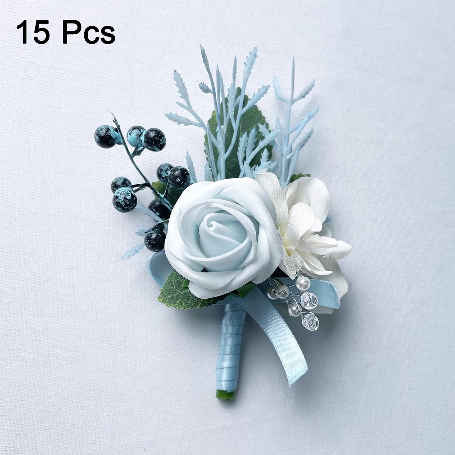 uxcell 15pcs White/Blue Boutonnieres for Men, Buttonholes Pocket Corsage Artificial Flowers with Boutonnieres Pins for Bride Groom Wedding Ceremony Anniversary Formal Party