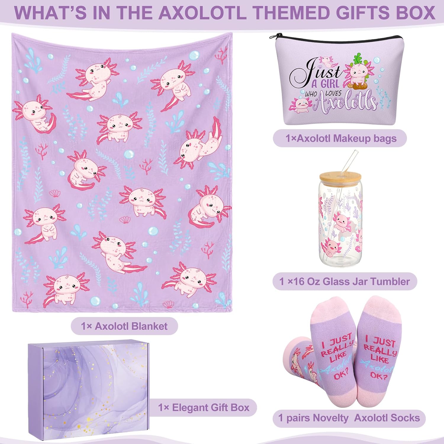 4 Pcs Axolotl Gift Set for Women Girls Mexican Salamander Stuff with Flannel Blanket, Novelty Socks, 16 oz Glass Jar Tumbler and Cosmetic Bags for Axolotl Lover Birthday Gift(Purple) - Image 2