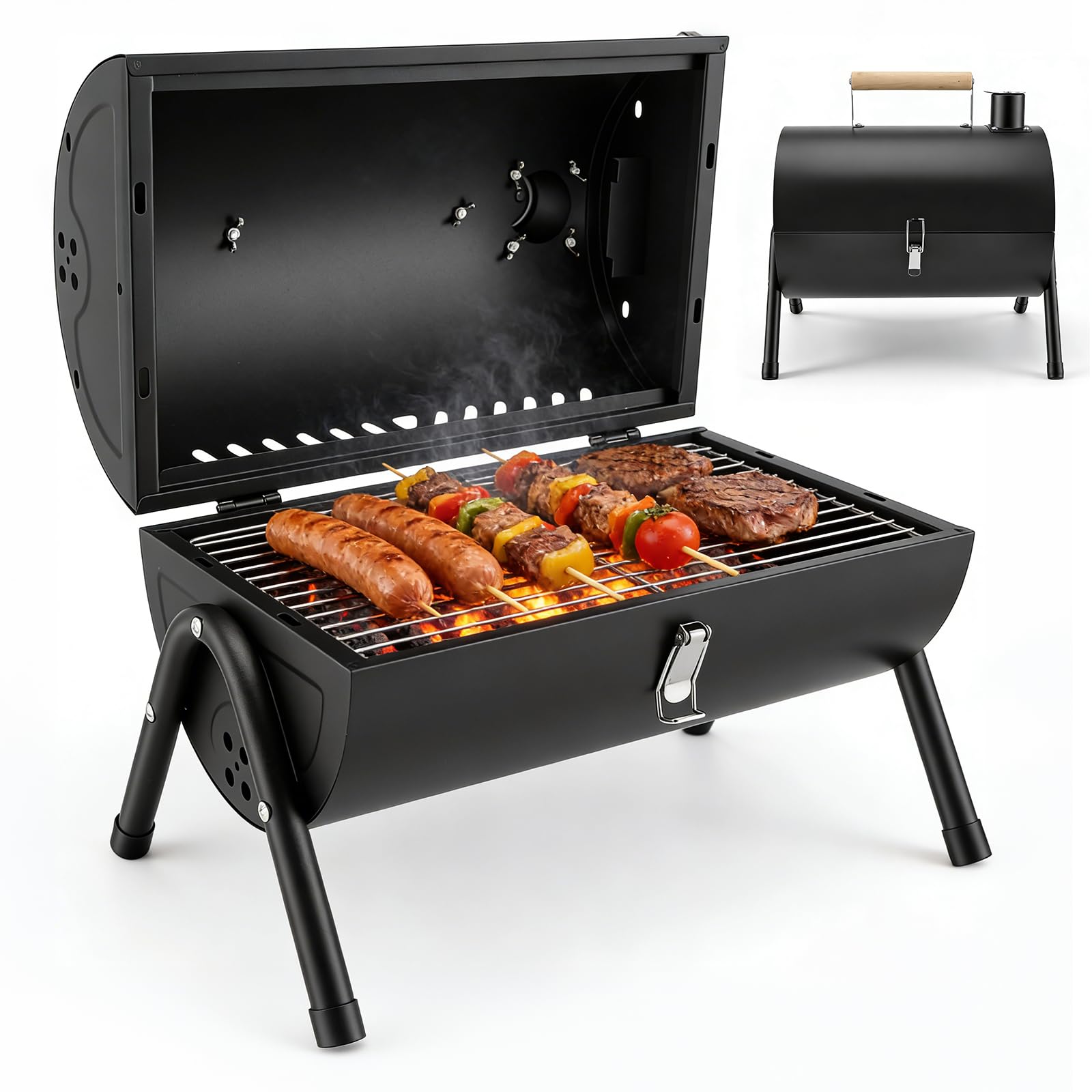 Barbecue portable de camping, barbecue tambour d'extérieur, idéal pour la plage, le camping-car, le jardin et les fêtes. Noir, avec 1 plateau de cuisson et 2 grilles