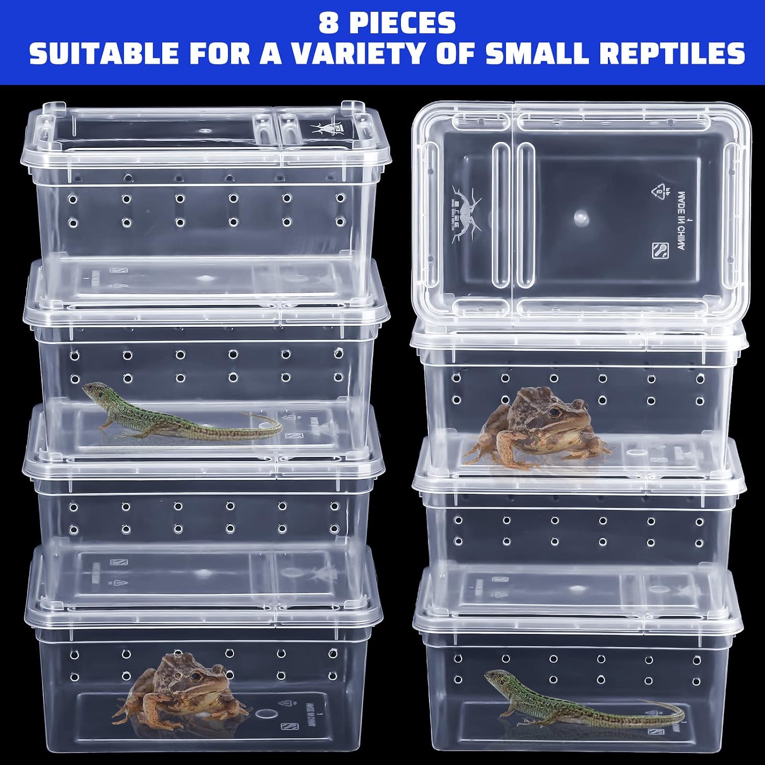 Irenare 8 Pcs Reptile Breeding Box Plastic Spider Terrarium Tarantula Feeding Box for Bearded Dragon Lizard Spider Gecko Scorpion(Vent Holes,Clear,5.9 x 3.9 x 2.5 Inch)