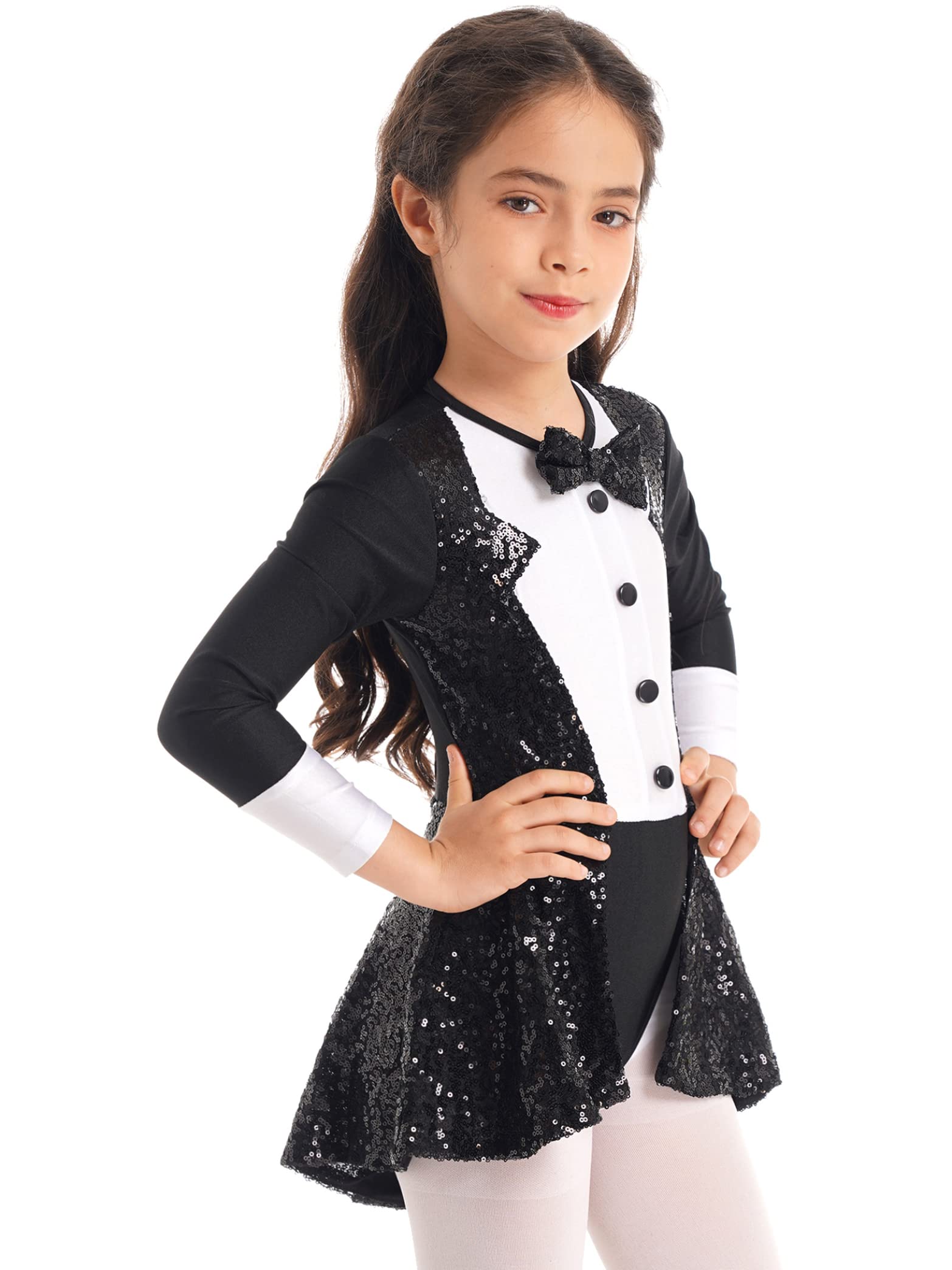Daenrui Kids Girls Shiny Sequins Bow Tie Dance Leotard Tutu Skirts Ballet Modern Jazz Latin Dance Dress Black 12 Years