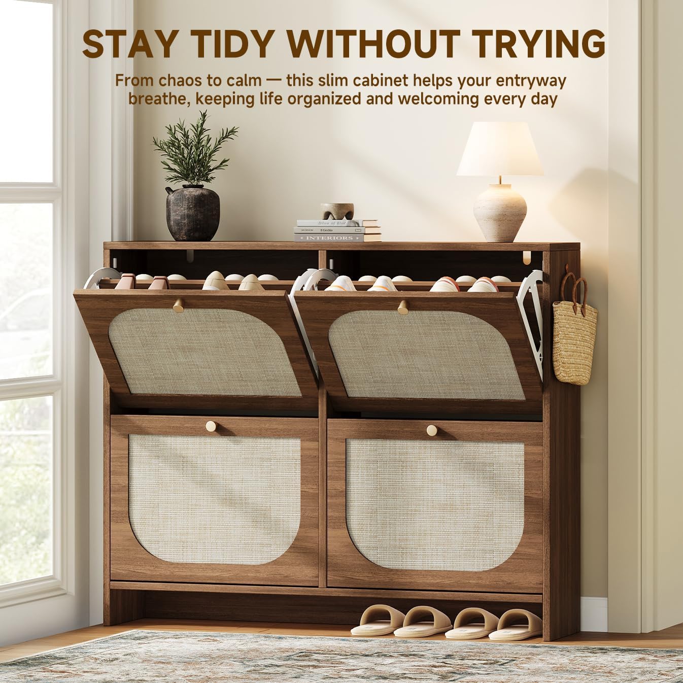 Nicetree Freestanding Arched Rattan Accent Ultra Slim Shoe Cabinet for Entryway - 4 Flip Drawers & 3-Tier Adjustable Shelves, Farmhouse Modern Rustic Shoe Rack for Hallway, Foyer, Living Room