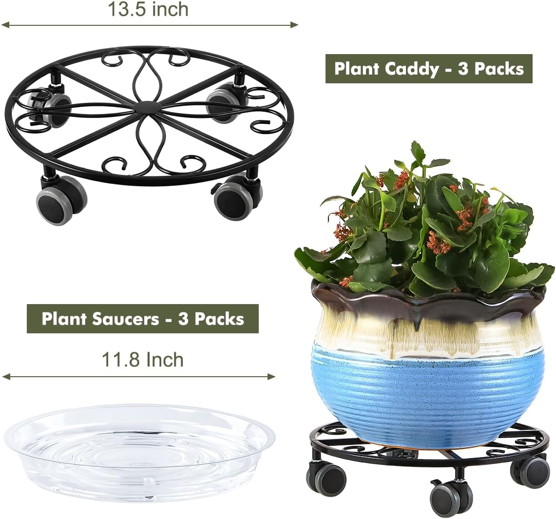 3 Pack Plant Caddy with Wheels Heavy Duty 13.5 Inches Metal Plant Stand with Wheels Plant Dolly Rolling Plant Stand Plant Roller with Casters for Indoor and Outdoor, Black