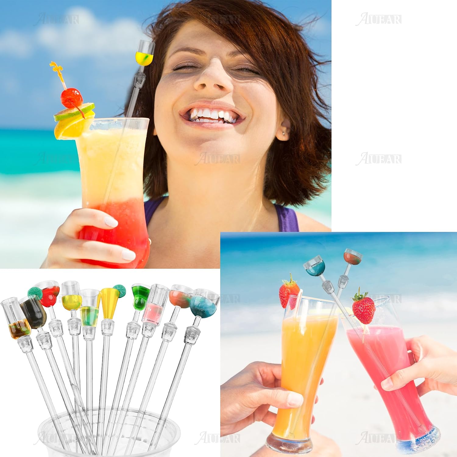 AUEAR, 10 Pack Swizzle Sticks Acrylic Colorful Cocktail Drink Stirrer Clear Shafts for Bars Cafes Restaurants Home Use