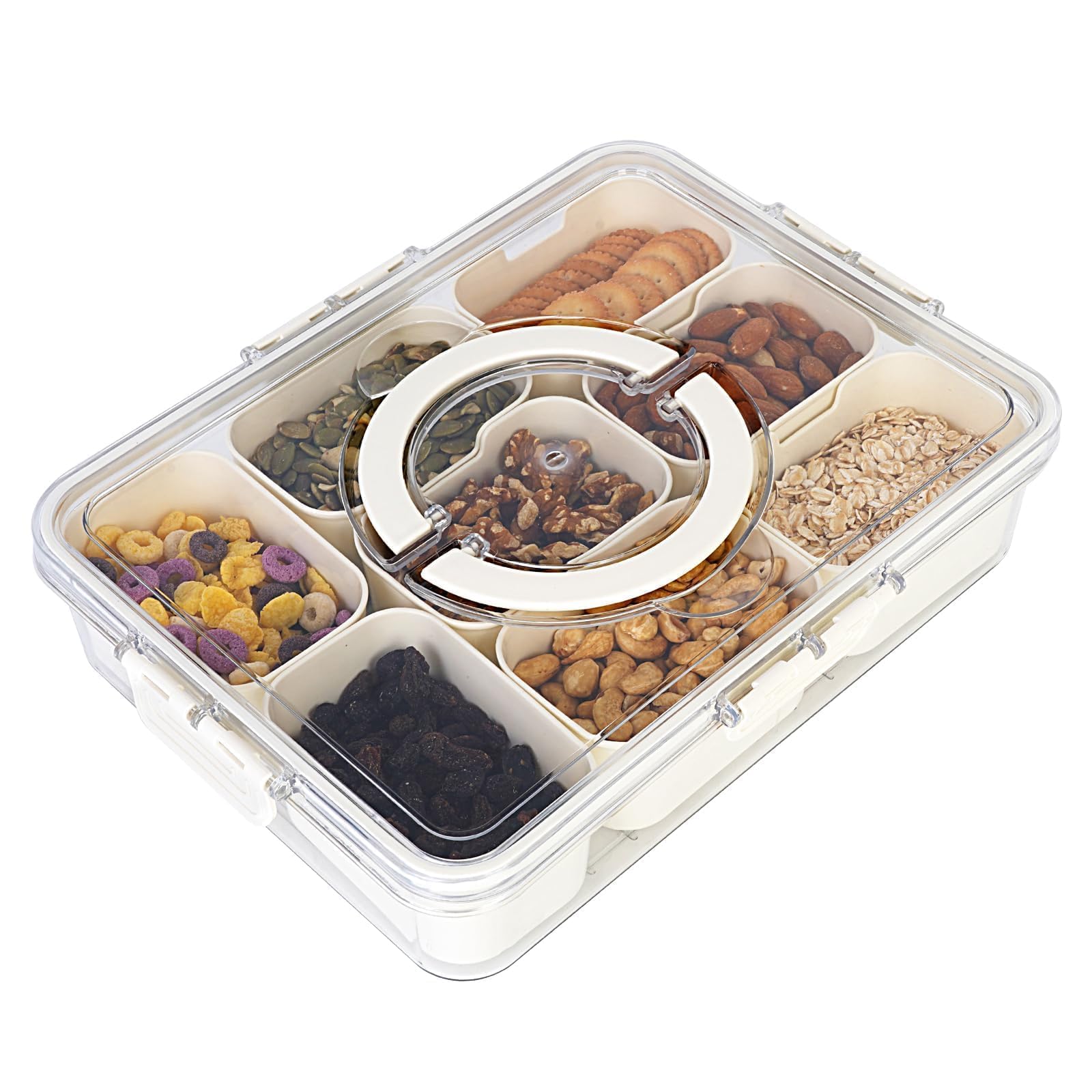 Snackle Box Container, Divided Serving Tray with Lid and Handle - Clear Snack Box Charcuterie Organizer - Car Charcuterie Box for Candy, Fruits, Nuts - Serving Platter for Party, Holidays and Travel