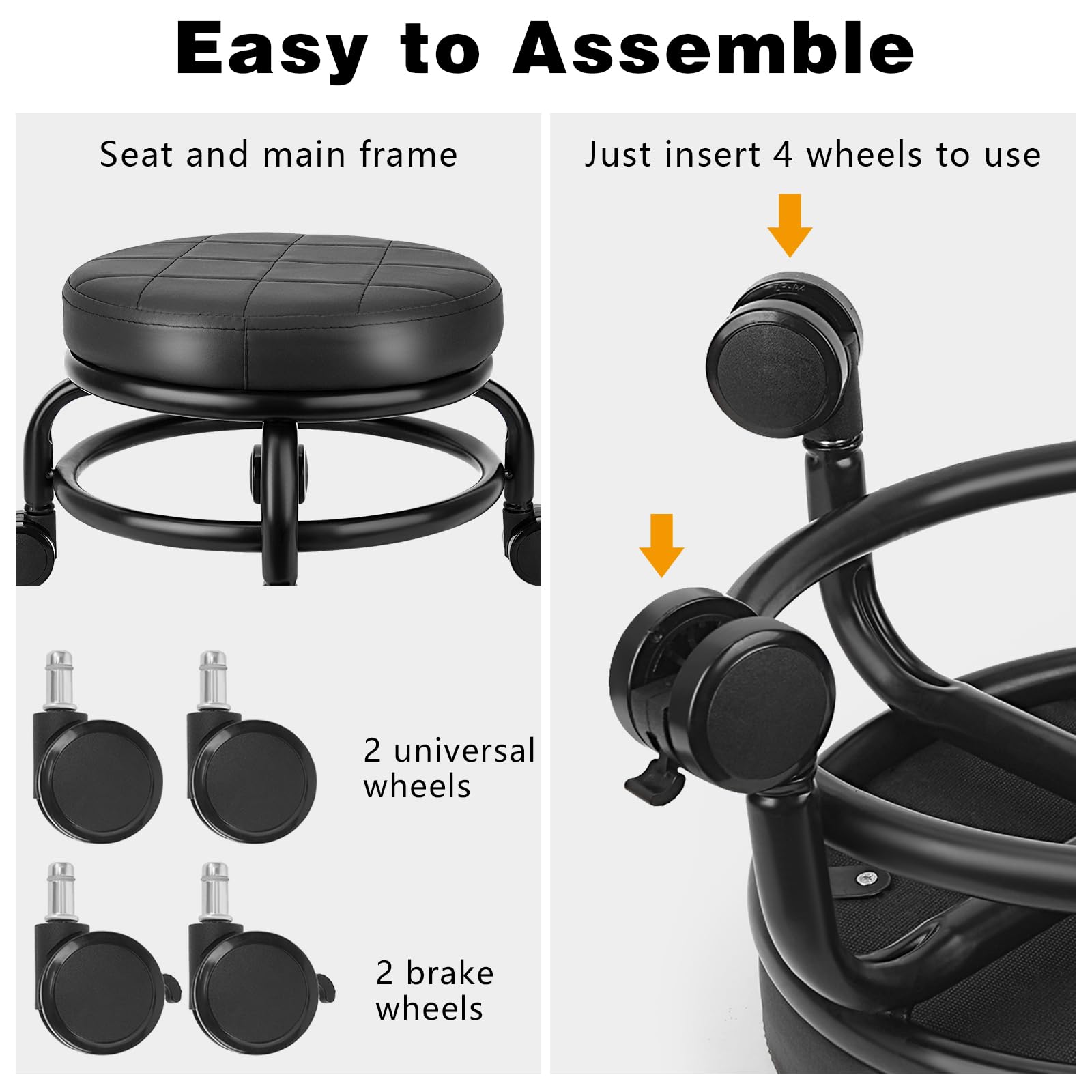 Taburete bajo con ruedas de baja altura, asiento de cuero sintético, silla pequeña, taburetes rodantes redondos para oficina en casa, garaje, tienda (negro) 3