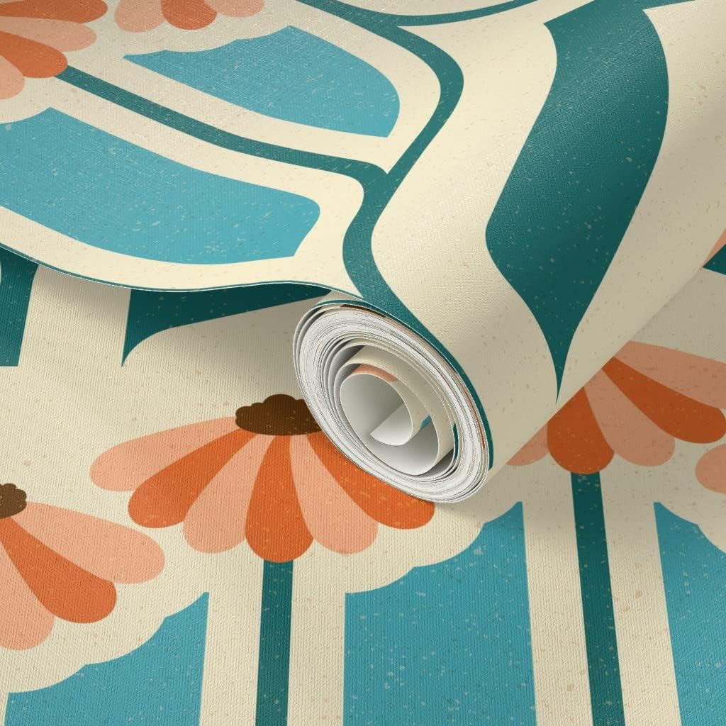 Peel & Stick Wallpaper 6ft x 2ft - Retro Daisy Vintage Blue Flowers Orange Art Nouveau 70S Custom Removable Wallpaper by Spoonflower