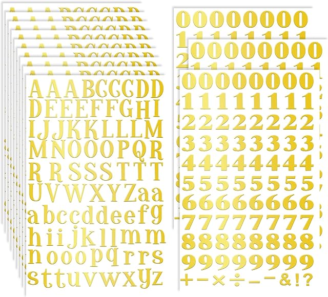 Prasacco 12 Sheets Gold Letter Stickers, Self Adhesive Alphabet Letter Stickers Small Alphabet and Number Stickers Grad Cap Craft Decorations for DIY Art Craft Graduation Cap Decoration