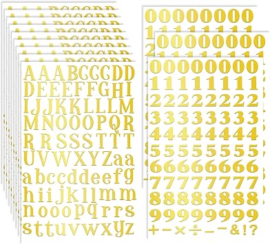 Prasacco Gold Letter Stickers - 12 Sheets of Self-Adhesive Alphabet & Number Stickers for DIY Art Craft Graduation Cap Decoration