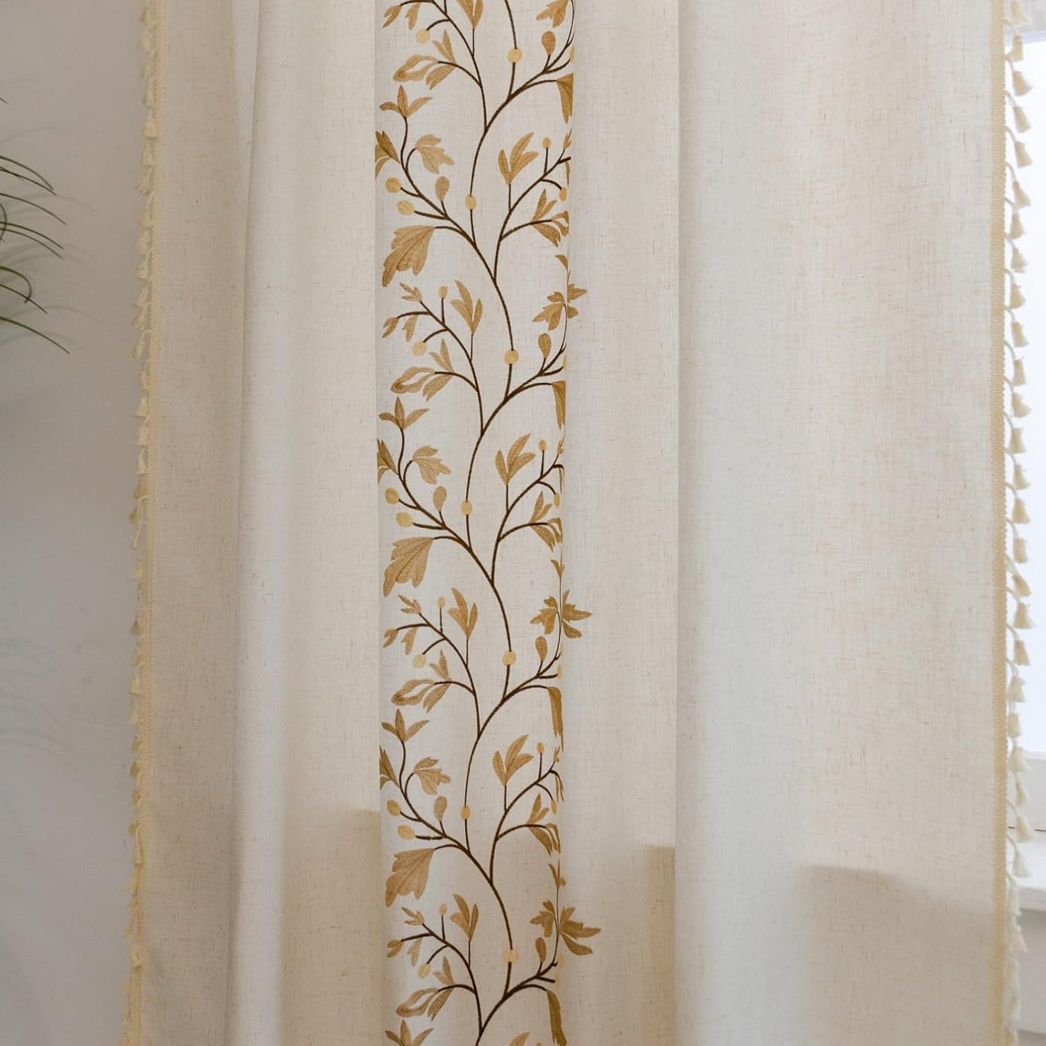 A.Monamour Cotton Blend Semi Sheer Rod Pocket White Botanical Window Curtain Panels Window Treatment Drapes with Handmade Tassels for Bedroom Kitchen Living Room, 1 Panel, Golden Flowers