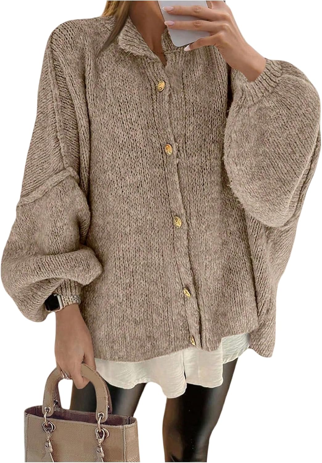GORGLITTER Women's Button Down Chunky Knit Cardigan Holiday Cozy Sweaters Oversized Lantern Long Sleeve Jacket Trendy - Image 5