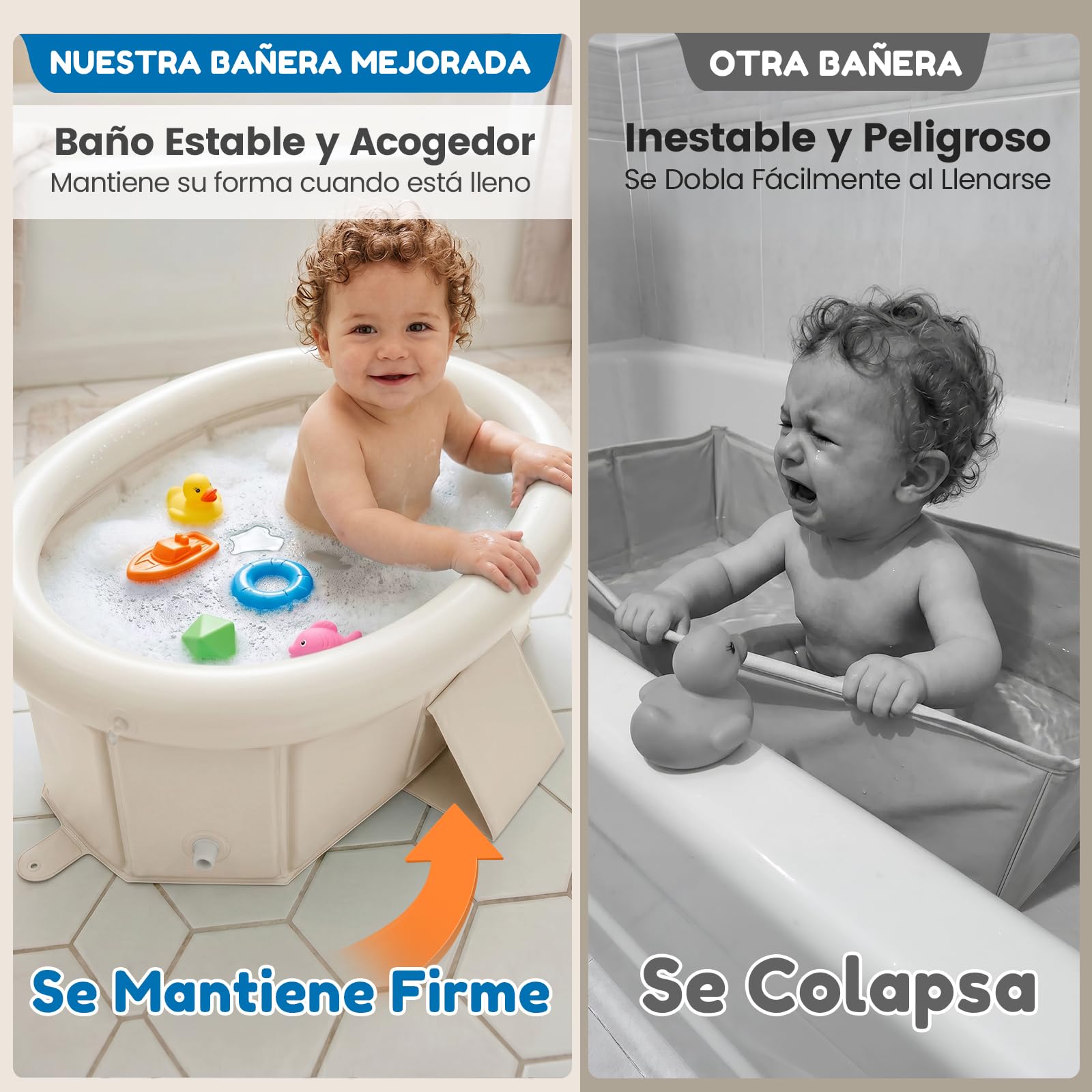 Orzbow Bañera Bebe Plegable, Bañeras para Bebes con Borde Superior Inflable, Bañera Portatil Bebe para Niños de 6 Meses a 6 Años, Estable y Duradera,Fácil de Limpiar, No Requiere Montaje, Blanco crema