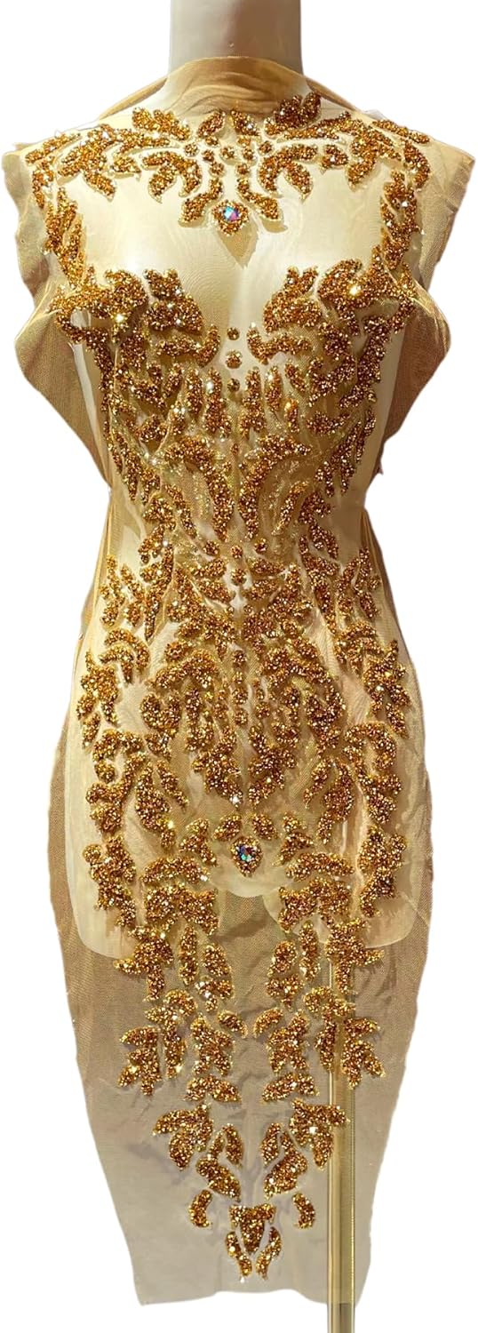 Rhinestone appliqué, Sequin Iron-on Patch appliqué is Used for Gold appliqué on Dresses, Stage Costumes, Wedding Dresses.(Gold)