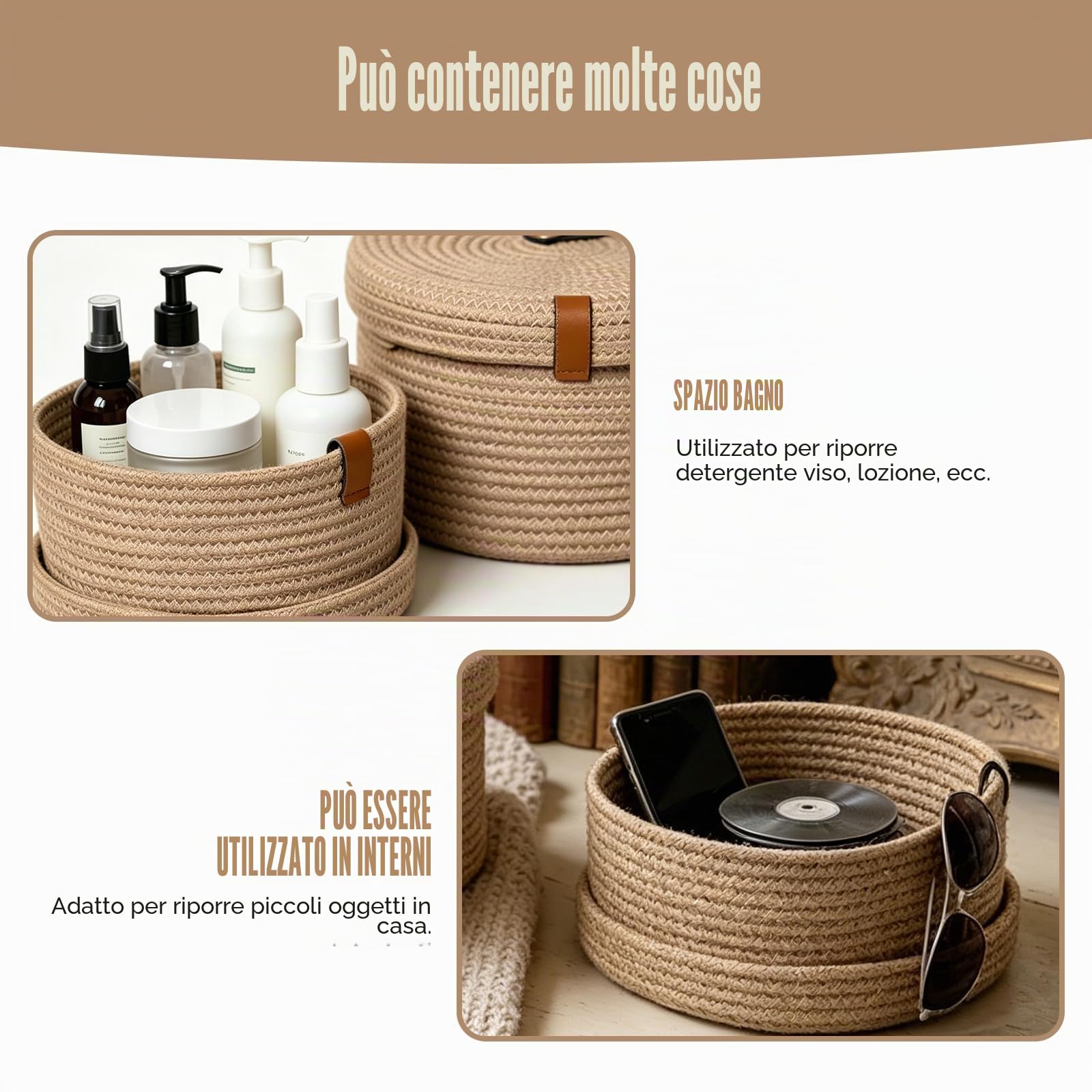 2 Pezzi Cestino Portaoggetti con Coperchio, Cestini in Corda di Cotone con Coperchio, Cesto Intrecciato Lavabile, Cestino Multifunzionale per Soggiorno, Bagno, Ufficio, Decorativo