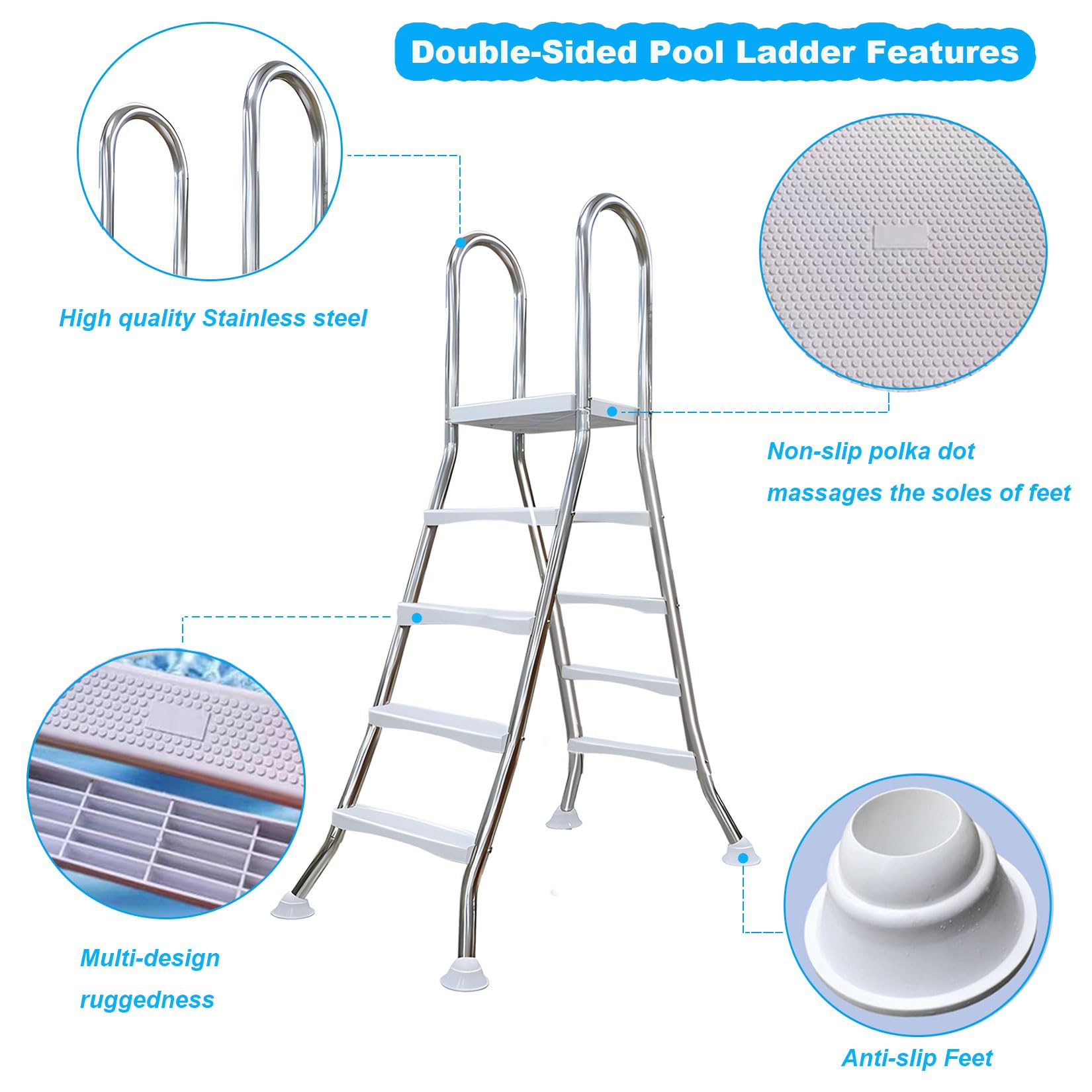 Escalera de piscina sobre el suelo, escalera de seguridad de acero inoxidable 304, escalones antideslizantes, carga máxima de 500 libras