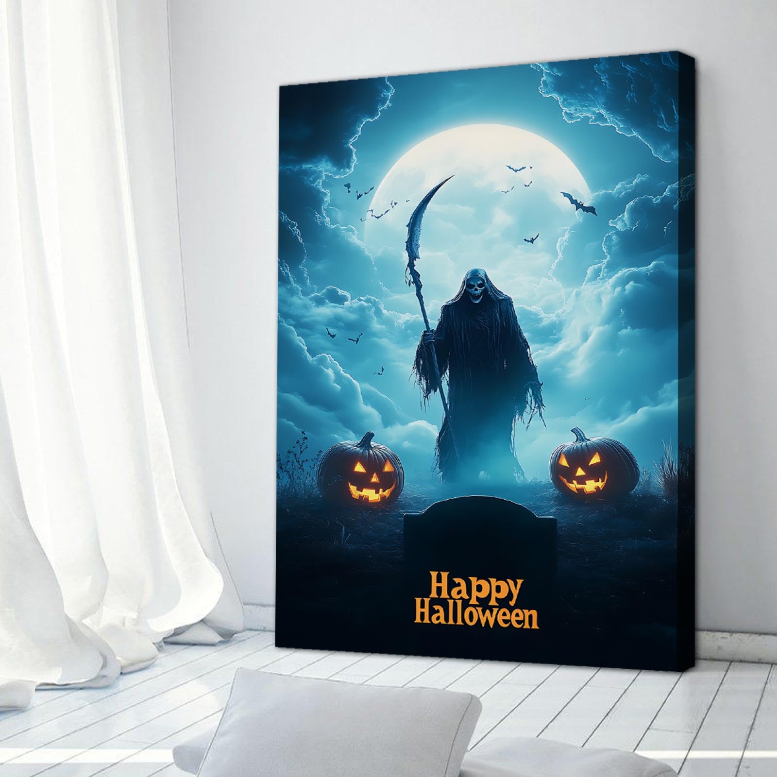 TOANGWALL horror y estilo grotesco impresión en lienzo arte de pared desierto calavera muerte tumba calabaza linterna cartel pintura de cuadro para decor de dormitorio 60x90cm marco interior