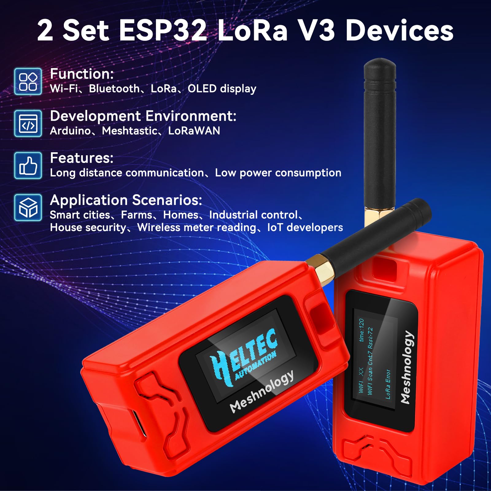 Juego de 2 Placas de Desarrollo ESP32 Lora V3 + batería de 1100 mAh + Funda Protectora – con Antena de 868 MHz y Dispositivos Lora V3 SX1262 para Meshtastic AR duino LoRawan IOT (N30 versión, Rojo)