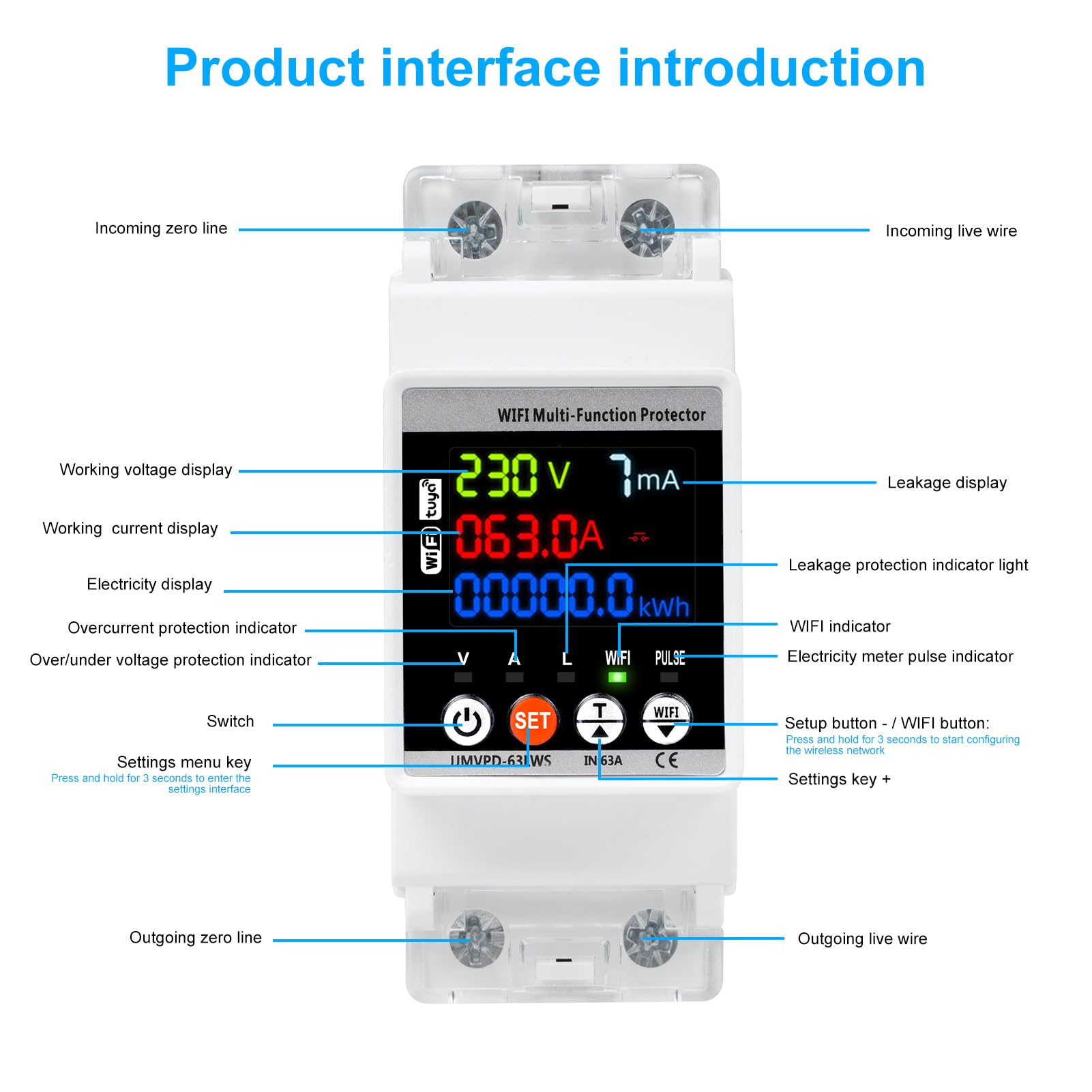 Jadeshay Stabilizzatore di Tensione 220v, 63A 230v Dispositivo di Protezione da Sovratensione Misuratore Consumo Elettrico WiFi su Guida DIN con Schermo a Colori(WiFi)