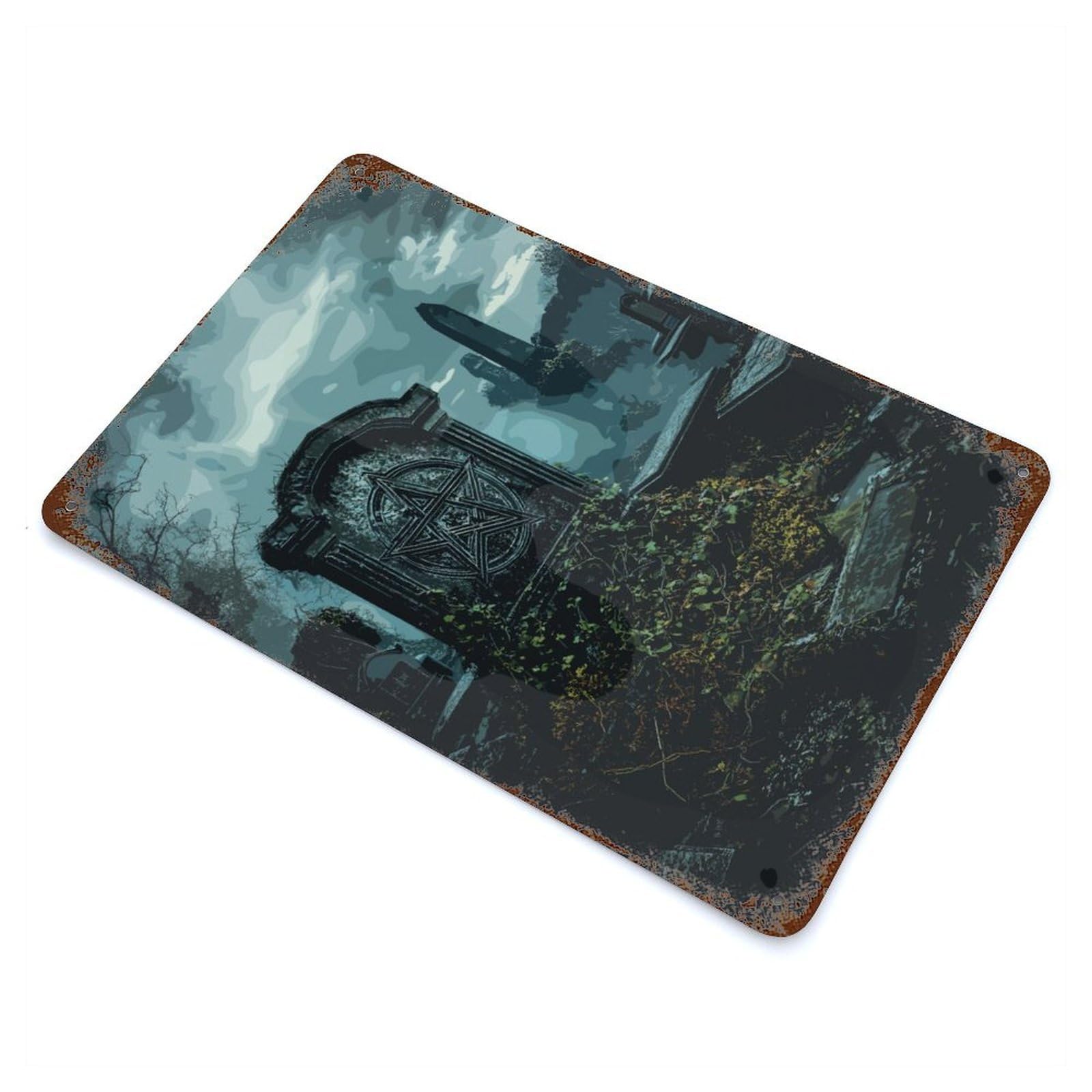 Graveyard with Pentagram Rusty Metal Tin Sign 11.8"x7.9", Ideal for Pub, Kitchen And Man Cave Decor
