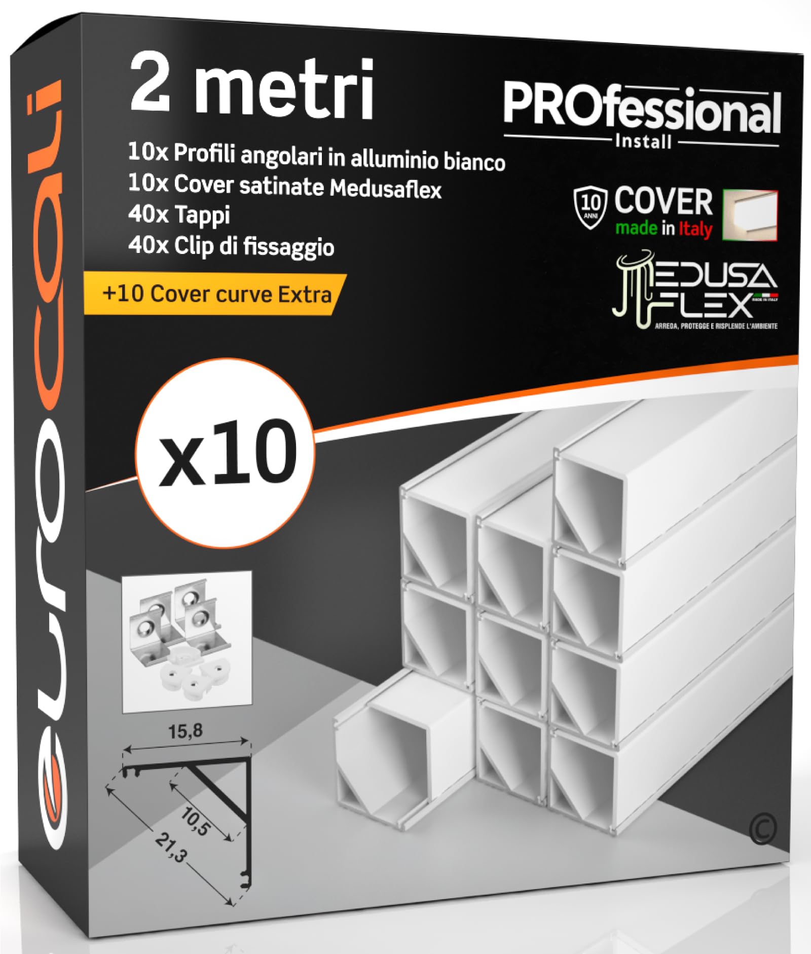 Profilo Alluminio Bianco Angolare per Strisce LED con copertura Professionale Satinata Made in Italy MedusaFlex CUBO in Policarbonato - Pacco da 10 (20m) 2000x15.8x15.8mm Cover standard opaca inclusa