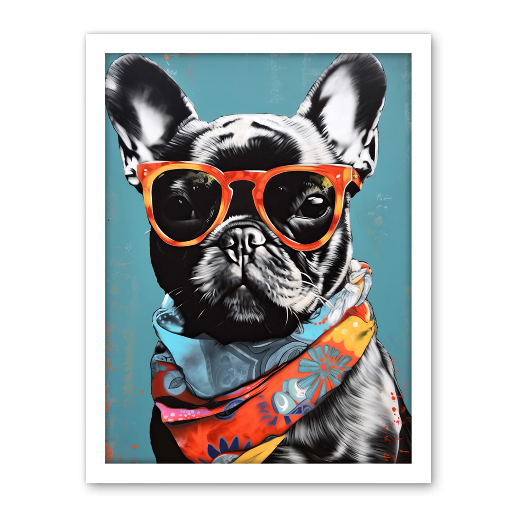 Artery8 English Bulldog Wearing Bandana and Sunglasses Artwork Framed Wall Art Print 18X24 Inch