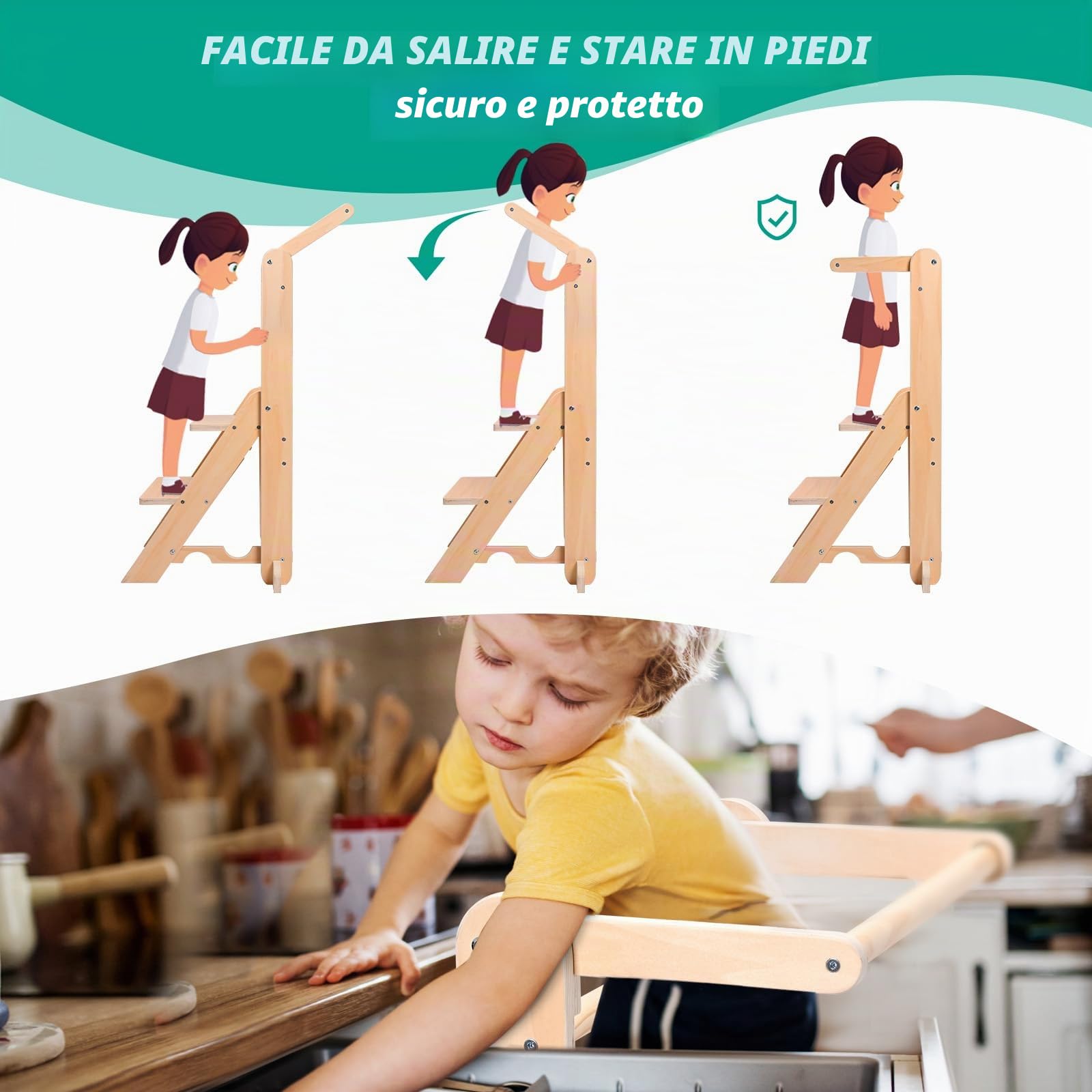 Torre Montessoriana Bambini, Torre di Apprendimento Pieghevole, Torre Montessoriana Regolabile in Altezza (2 Livelli), Capacità di carico 50 kg con Base Antiscivolo per 1-6 Anni (Legno Naturale)