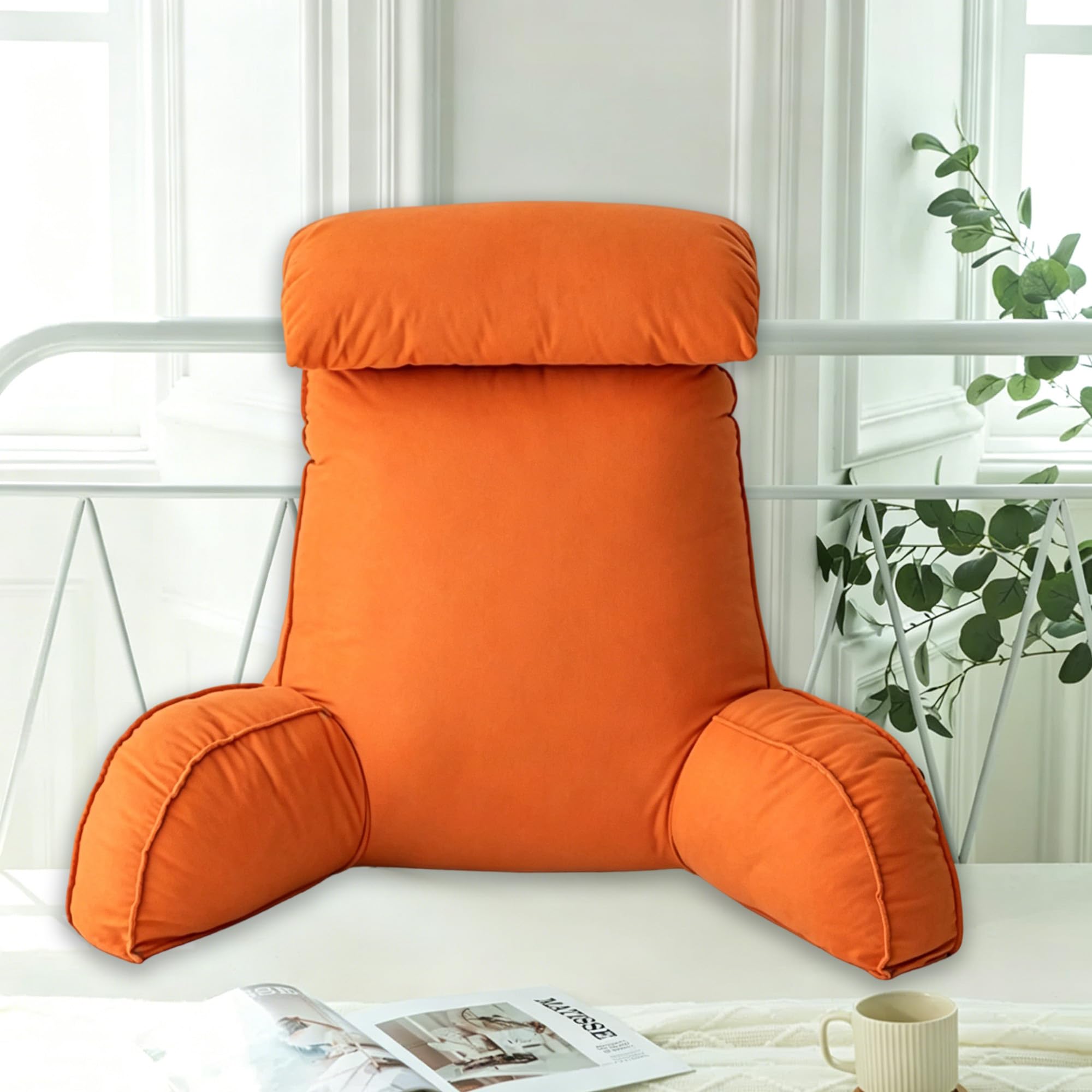 Hruile Orange Reading Pillow With Headrest, Back Arms Support Cushion For Adults And Kids, Backrest Pillow With Removable Cover, Cuddle Cushion For Sitting Gaming Relaxing (75×40×55Cm,)