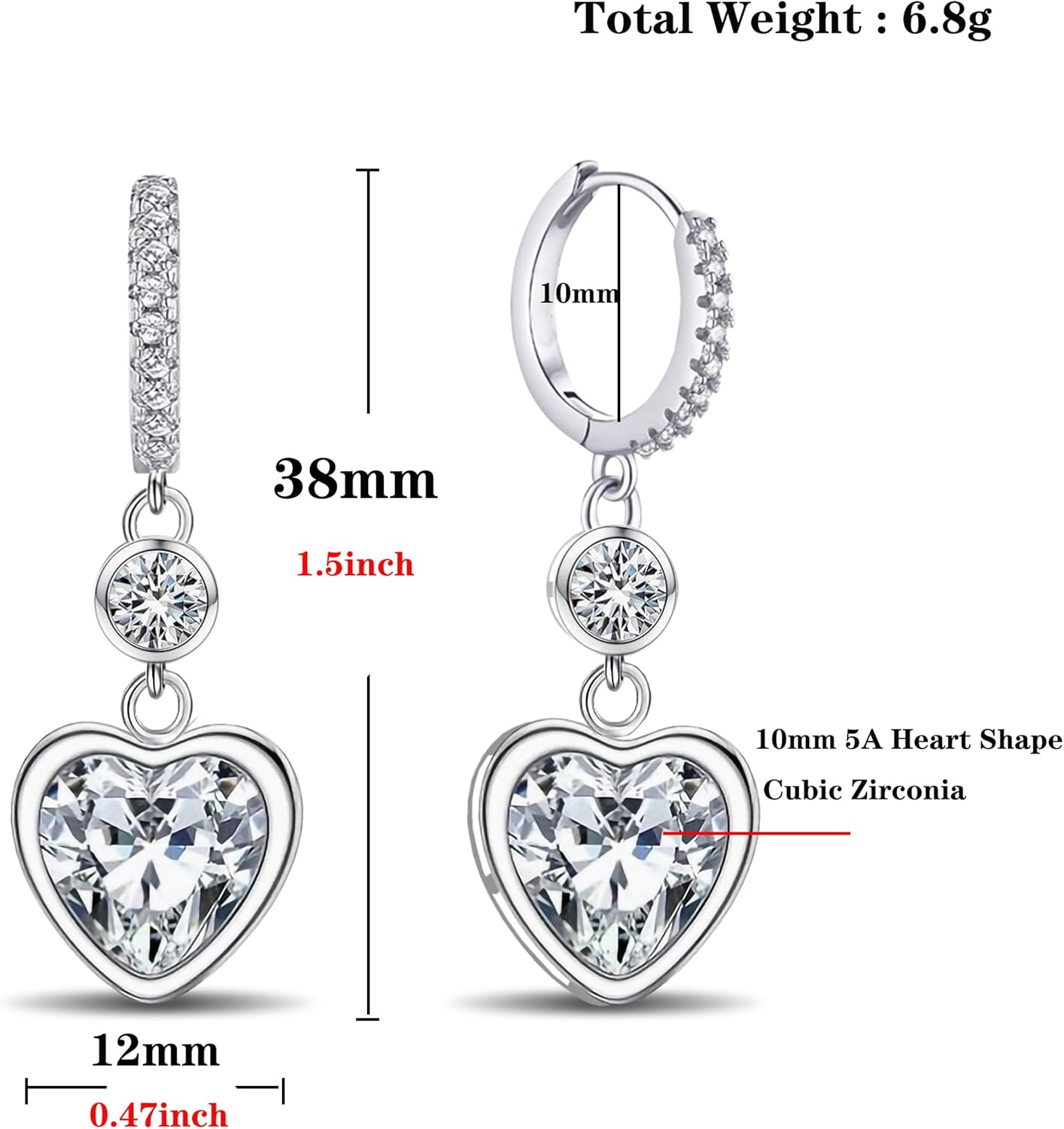 Heart Shaped Dangle Earrings for Women, 14K White Gold Plated Hoop Earrings with Sparkling Cubic Zirconia, Elegant Drop Earrings for Daily Wear - Image 5