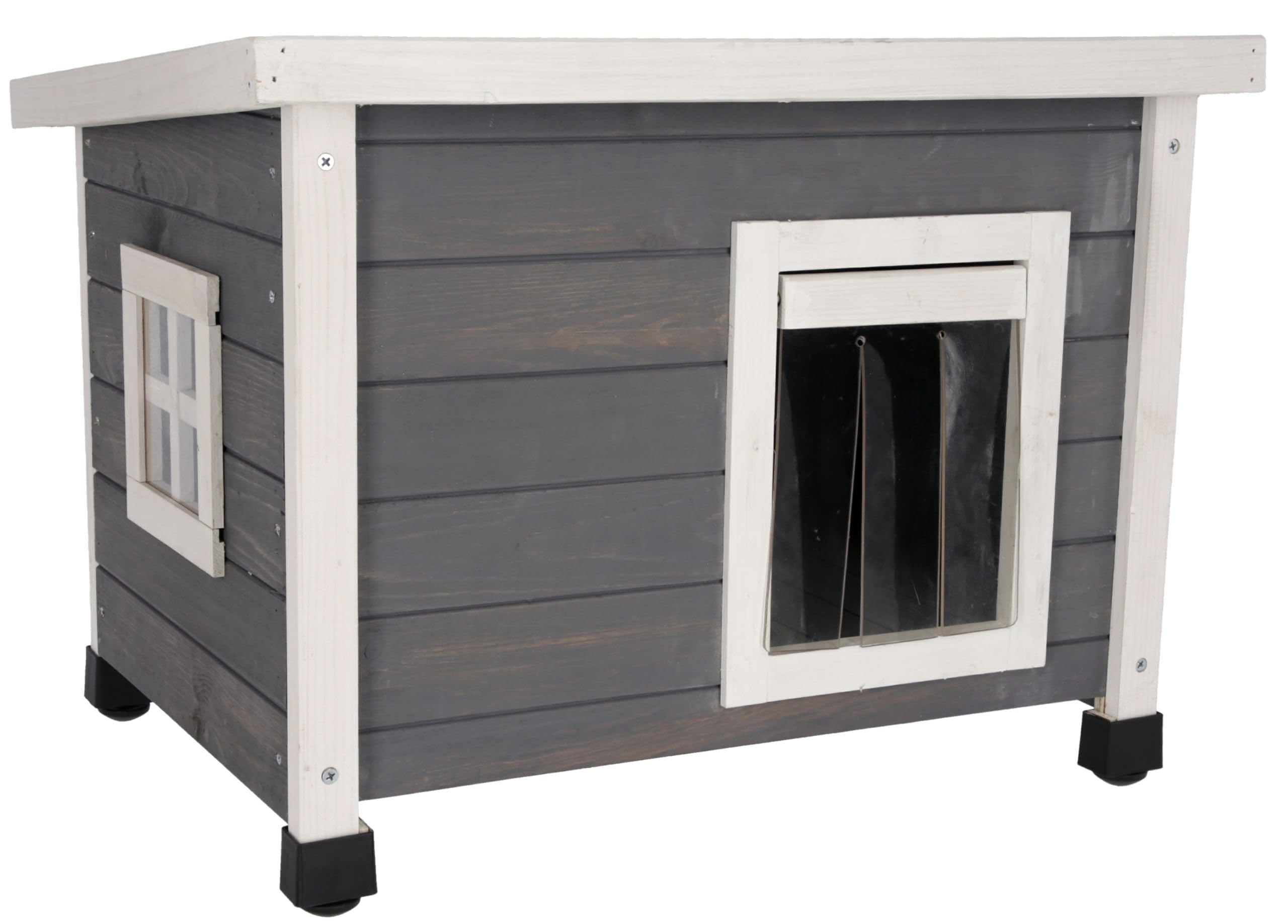 Kerbl Pet casa per gatti Rustica, cuccia per gatti, grigio/bianco, in legno massello, 57x45x42 cm, con porta a battente, finestra in plexiglass, piedini in plastica regolabili in altezza