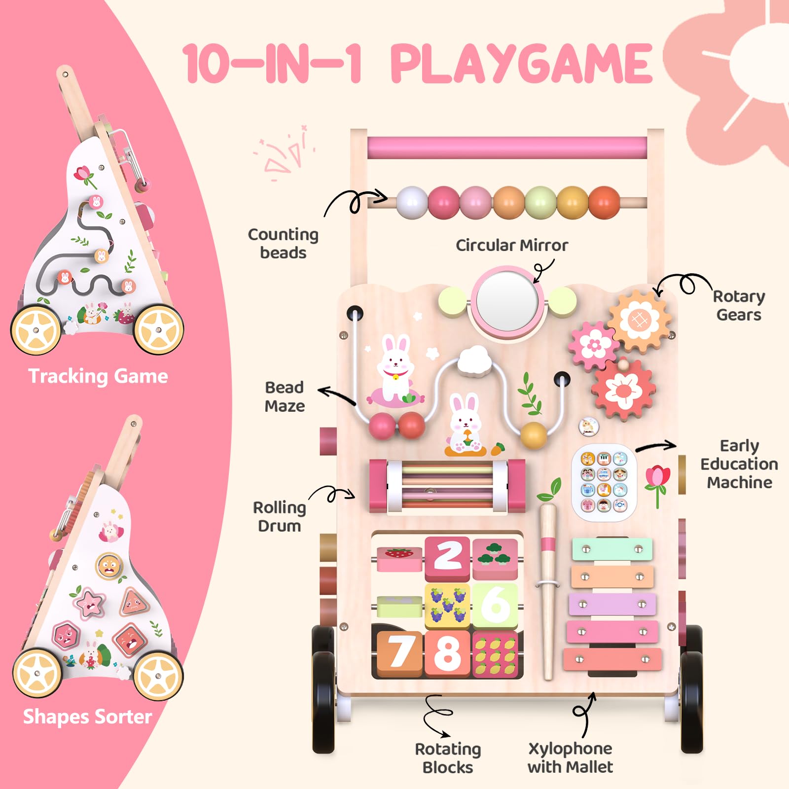 Carrello Primi Passi in Legno per Bambini – Girello Montessori con Centro Attività – Altezza e Velocità Regolabili – Giocattolo Educativo per Bimbi 12+ Mesi, Bambine e Bambini di 1 Anno (Rosa) - 3