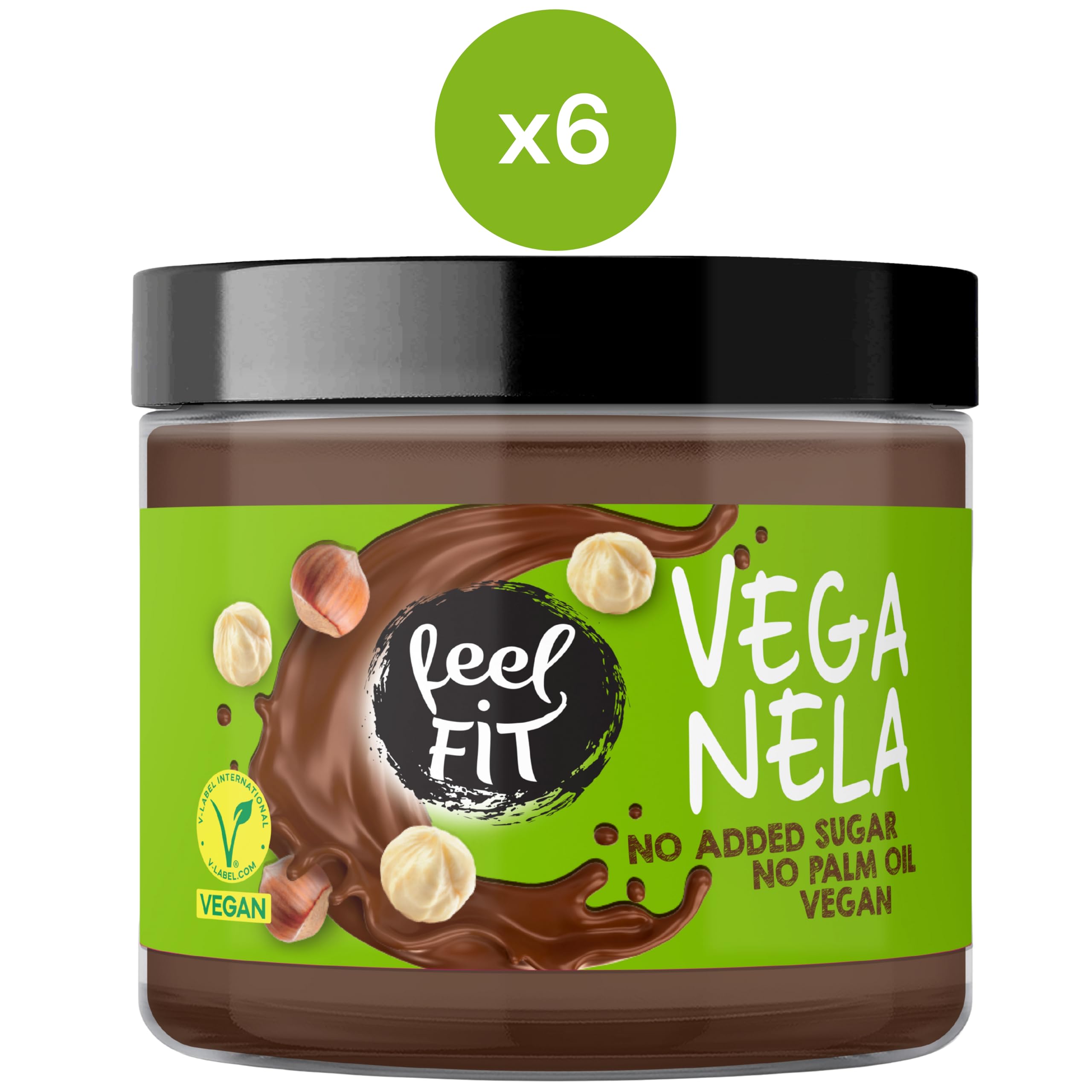 Feel FIT VEGANELA - Haselnuss-Kakao-Aufstrich 6 x 200 g – vegan, ohne Zuckerzusatz, ohne Palmöl – Schoko-Nuss-Creme, Brotaufstrich ohne Zucker
