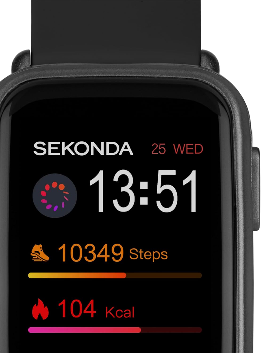 Close-up of the Sekonda Track Smart Watch display showing time, date, and activity metrics like steps, calories, and distance.