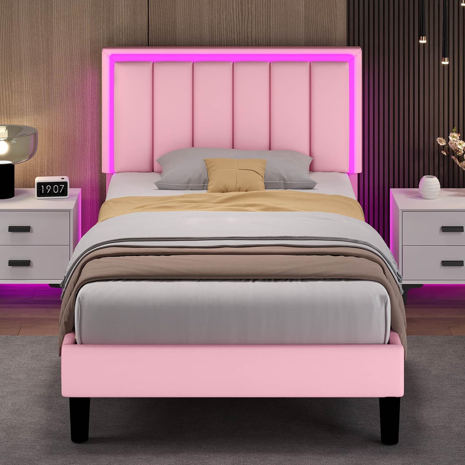 Twin Bed Frames, Twin Bed Frame Pink with Upholstered Headboard, RGB LED Ligths, Faux Leather Upholstered, Heavy Duty Wood Slats Support, No Box