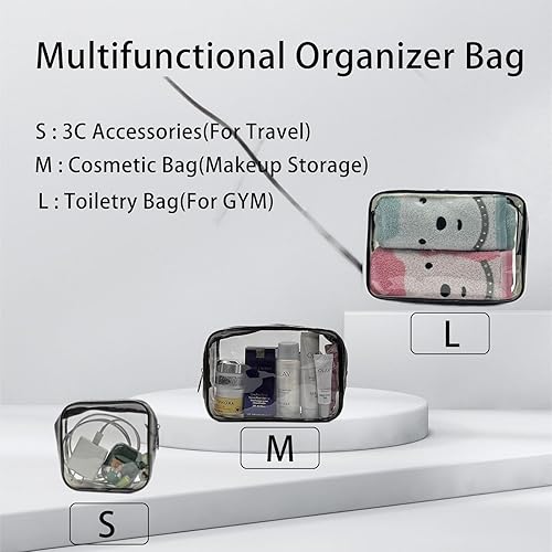 Miniatura 4 de Bolsa de aseo aprobada por la TSA, paquete de 3 bolsas transparentes para artículos de tocador para viaje, bolsa de maquillaje de tamaño cuarto de