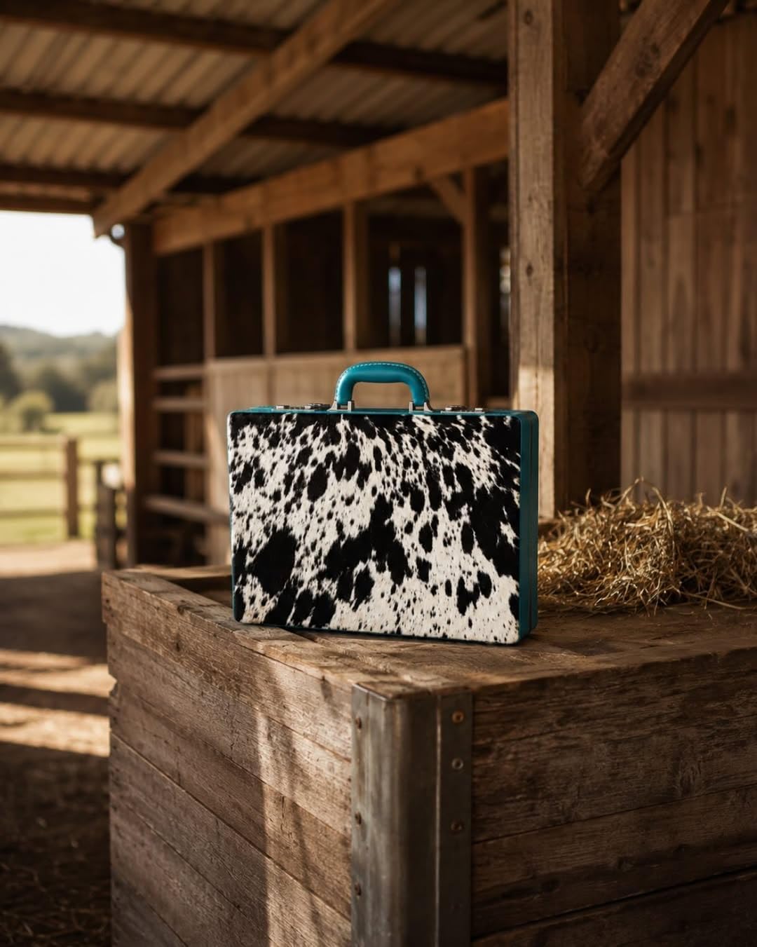 Luxury Cowhide Pattern Briefcase for Women & Men – Black & White Hair-On Hide Style Laptop Bag with Turquoise Handle, Multi-Pocket Organizer & Secure Locks – 17” Handmade Business Work Case image 3