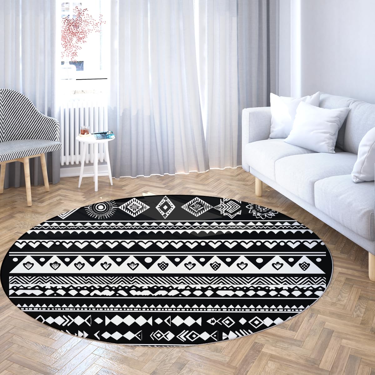 Dywan Tribal Round Area 180 cm (okrągły), intensywny, geometryczny, czarno-biały, antypoślizgowy, płaski dywan z wzorem diamentowym i cienki, nadający się do prania, do biura w salonie