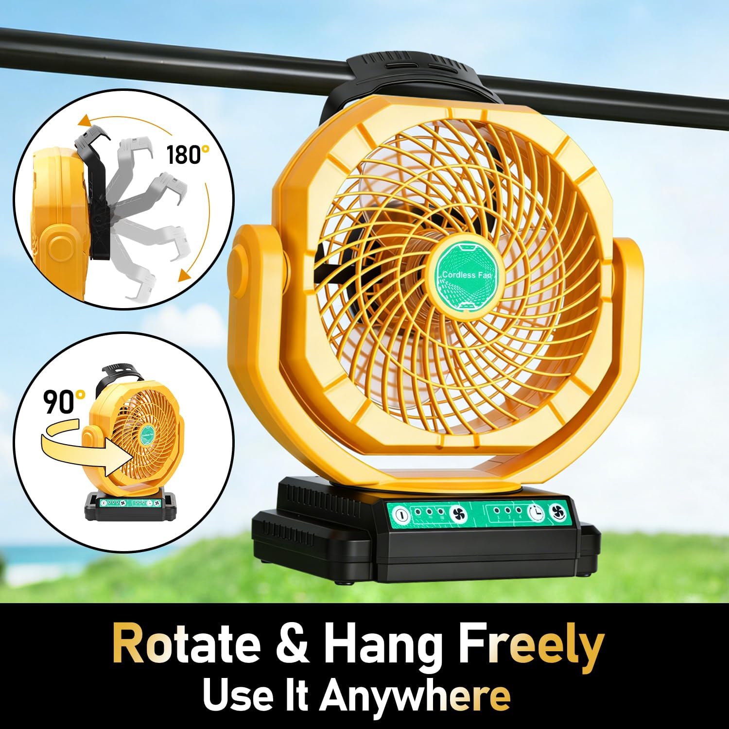 Battery Powered Fan Compatible with Dewalt 20V Max Battery, Portable Fan for Job Site, Camping Fan with Hanging Hook, Timer & Adjustable Head, Lightweight Cordless Camping Gear (No Battery)