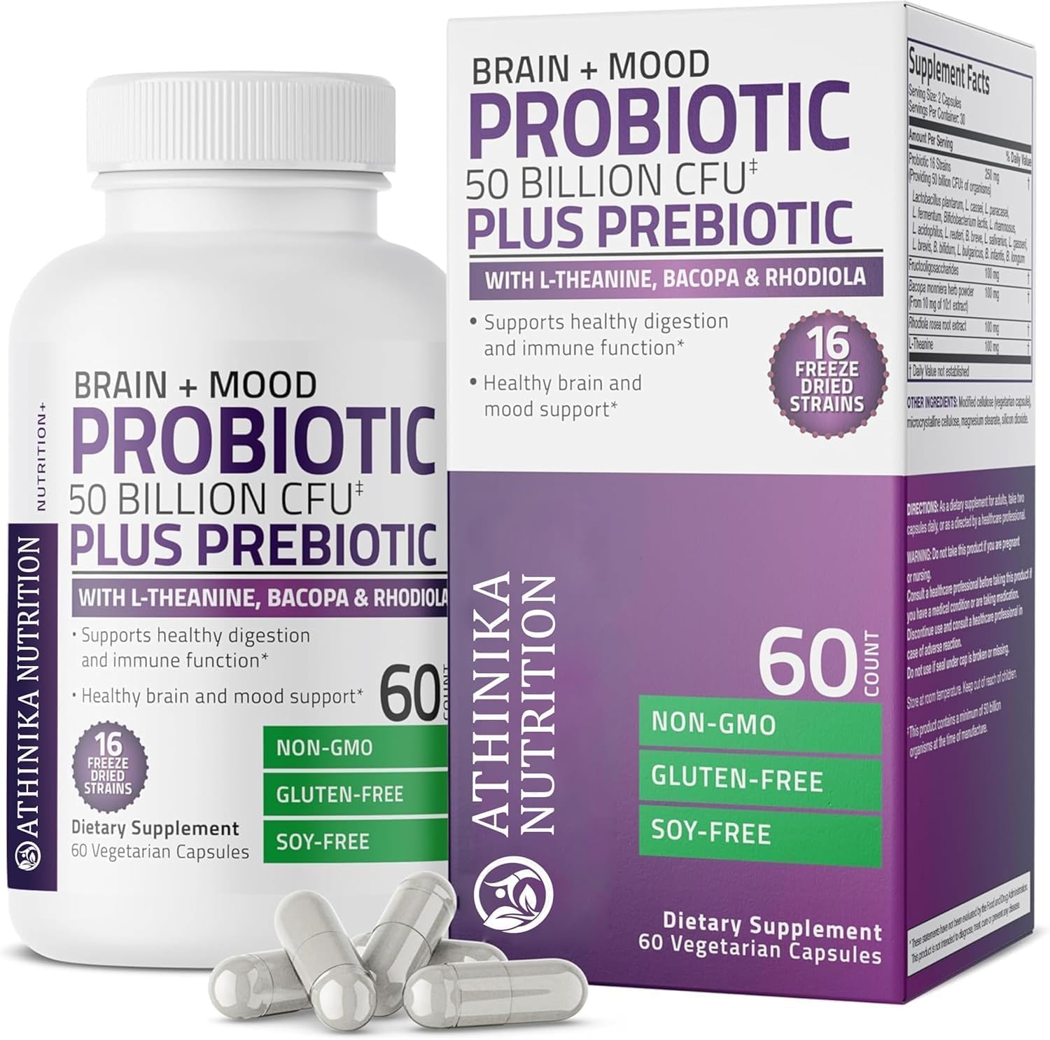 Brain + Mood Probiotic 50 Billion CFU Plus Prebiotic with L-Theanine, Bacopa and Rhodiola Non-GMO, 60 Vegetarian Capsules-picture-27