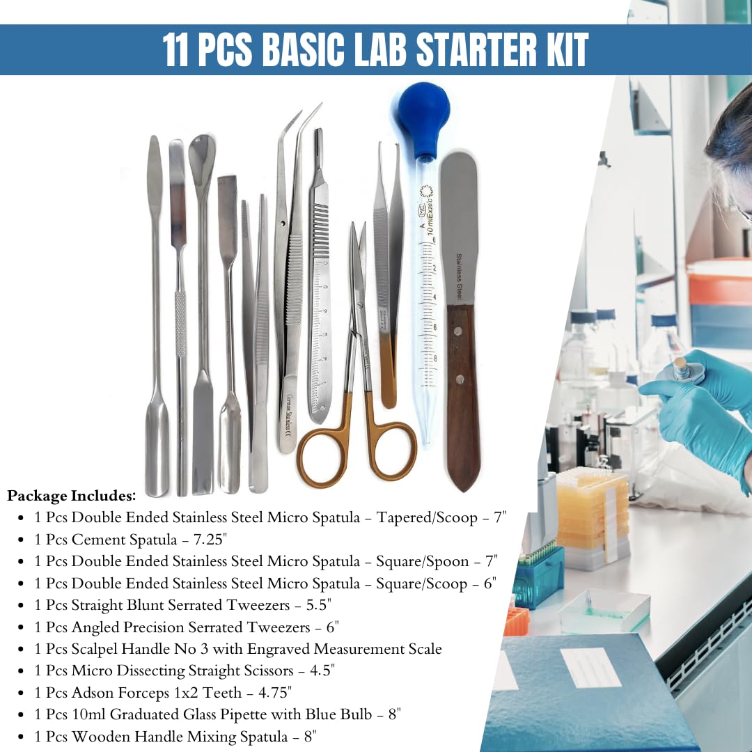 Multifunction Scientific Lab Tools Basic Starter Biology Chemistry Set includes Stainless Steel Micro Sampling Spoon Scoop Spatulas, Forceps, Scissors, Scalpel Handle, Glass Pipette - 11Pcs