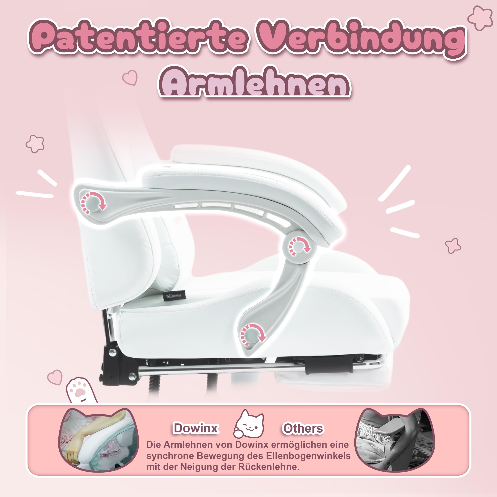 Dowinx Gaming Stuhl,Gamer Chair,PU-Leder Sessel mit Katzenohren und Katze-Dekoration,Ergonomischer Gamingstuhl,150KG Tragkraft PC Stuhl,Verstellbar Fußstütze Armlehnen Rückenlehne,Katze-Weiß