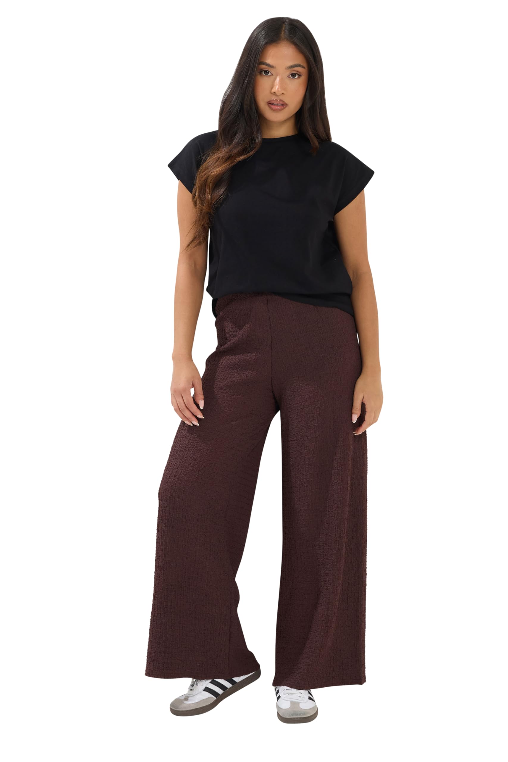 PixieGirl Women's Petite Textured Wide Leg Trousers in Chocolate | Size: 10S