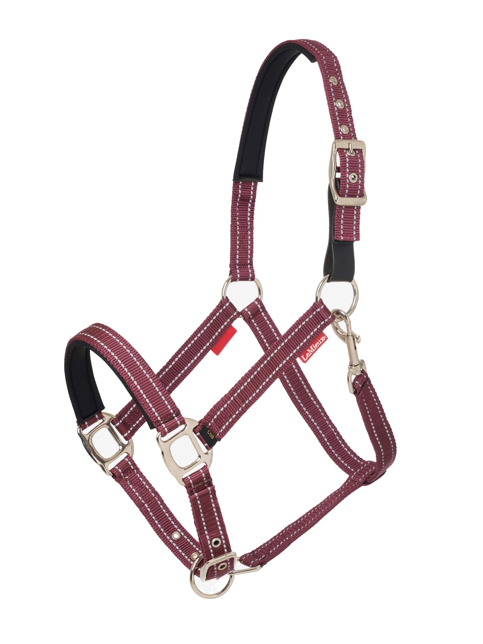 LeMieux Essential Yard Headcollar - Tough & Durable Nylon Webbing - Reflective Stitching - Neoprene Padding - Trigger Clip Throat Lash - Breakaway Leather Tab - Burgundy - Cob