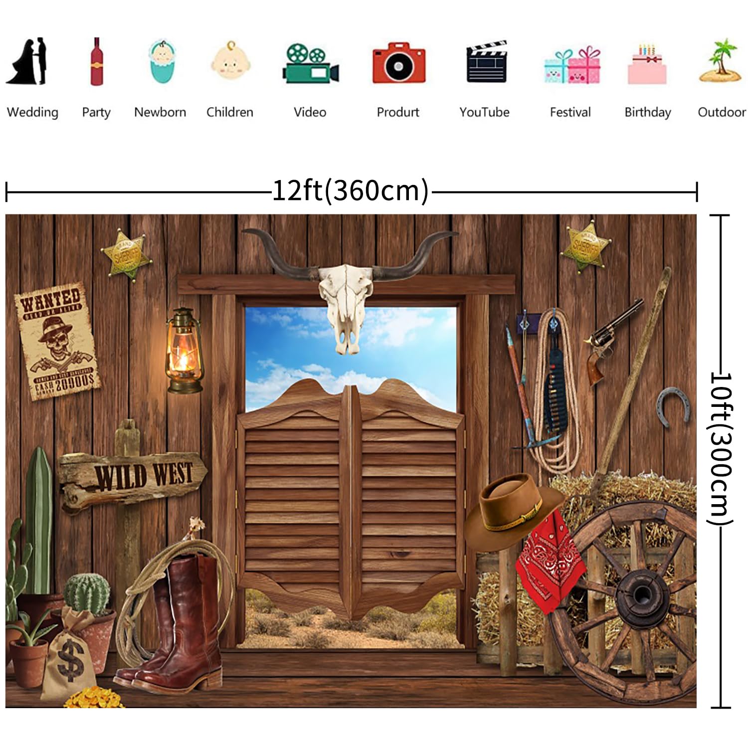 3.6x3m Sfondo Western Cowboy Decorazione rodeo selvaggio West Bar saloon rustico Porta di fienile in legno Sfondo fotografico Tema western Decorazioni per feste di compleanno per bambini