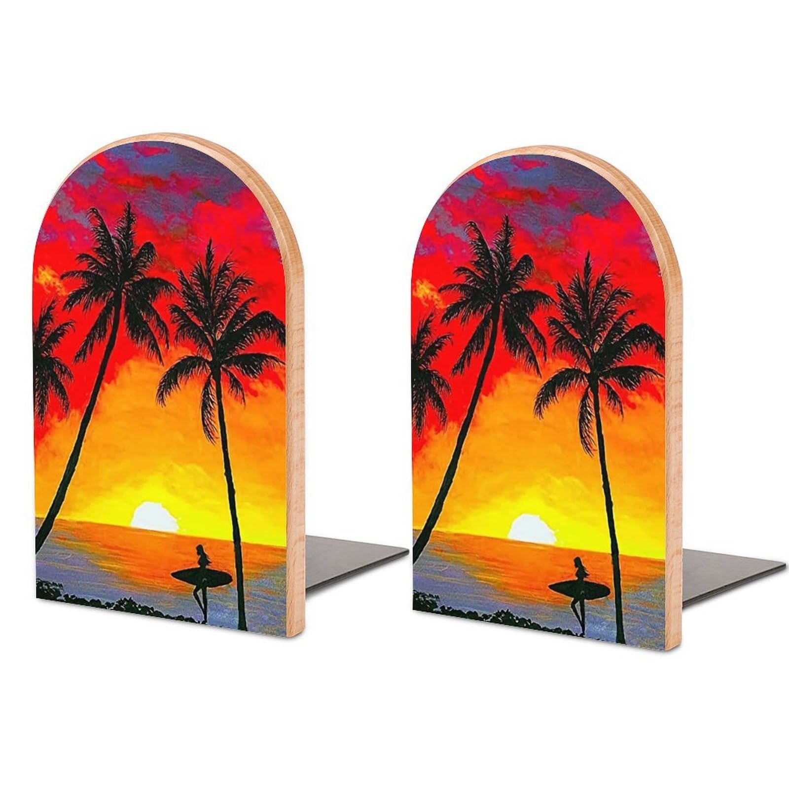 Sunset Scenery Beech Wood Bookends Heavy Duty Book Organizers Desktop File Holder for Office Home Bookshelf