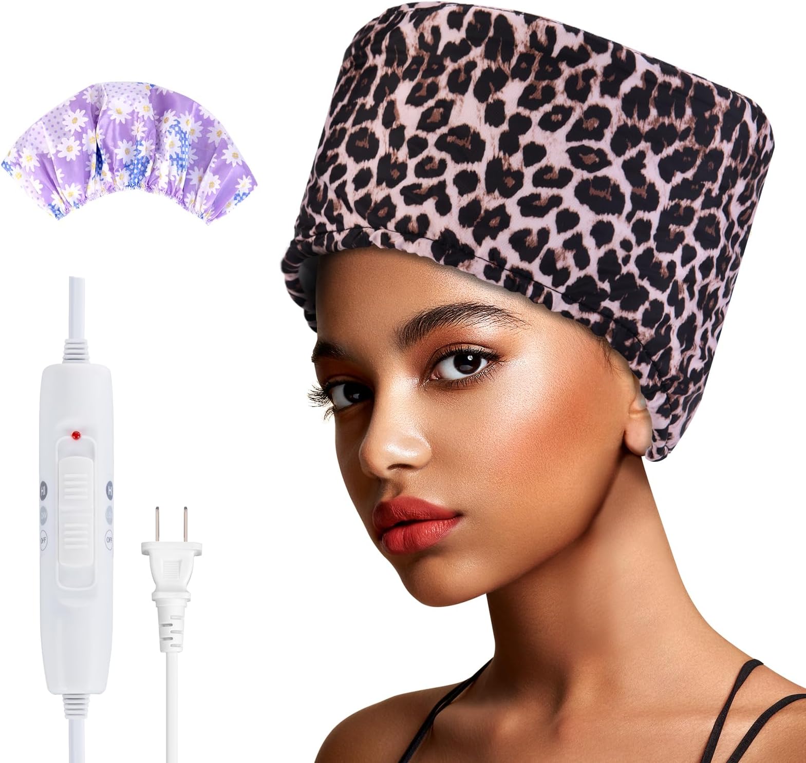Aopow Hair Steamer Cap - High Performance Heating Thermal Steamer Cap for Deep Conditioning Natural Black Afro Hair, 2 Mode Temperature Control, Portable, Compact, Leopard
